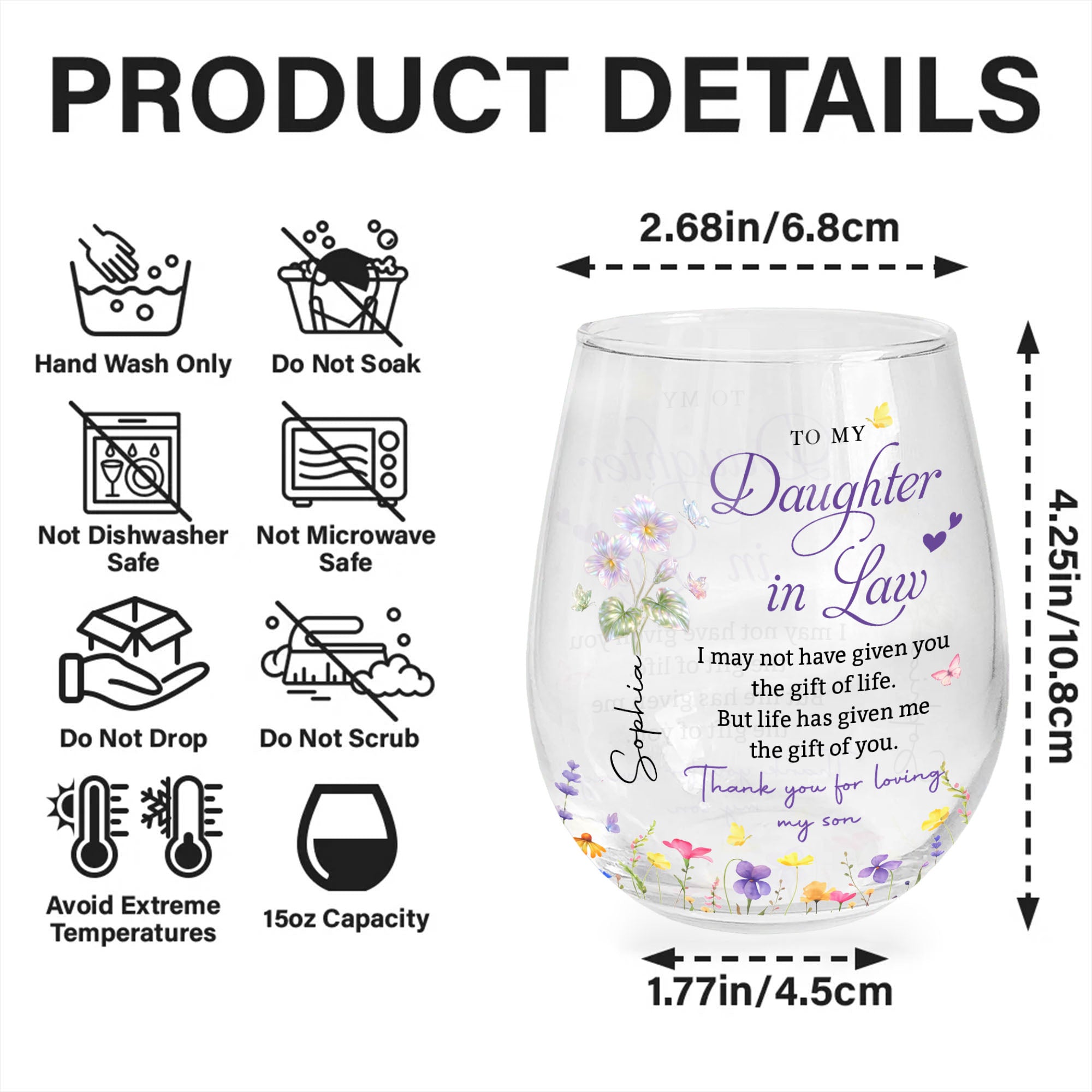 Personalized Stemless Wine Glass Custom Name Gift for Daughter-in-Law Wine Glasses GradoCreations