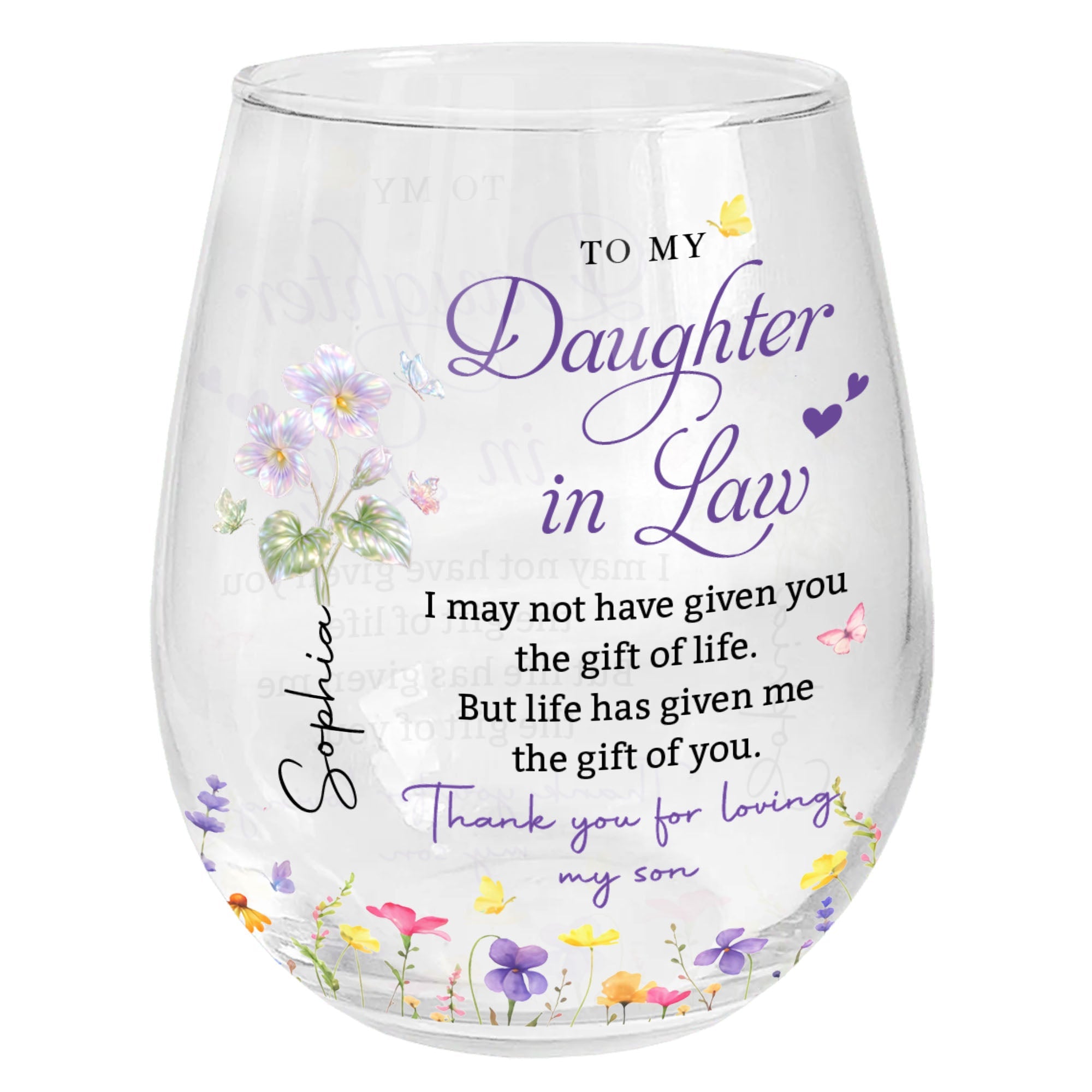 Personalized Stemless Wine Glass Custom Name Gift for Daughter-in-Law Wine Glasses GradoCreations