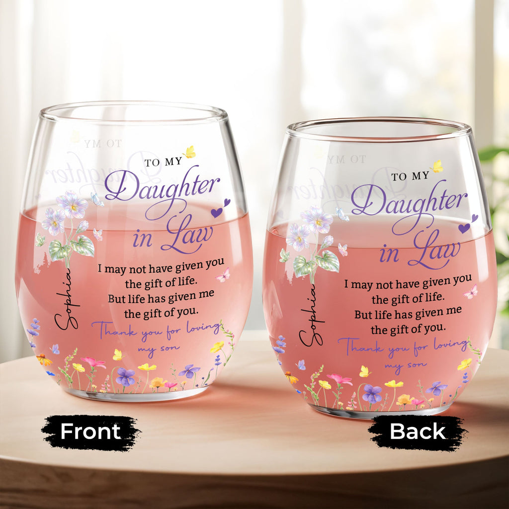 Personalized Stemless Wine Glass Custom Name Gift for Daughter-in-Law Wine Glasses GradoCreations