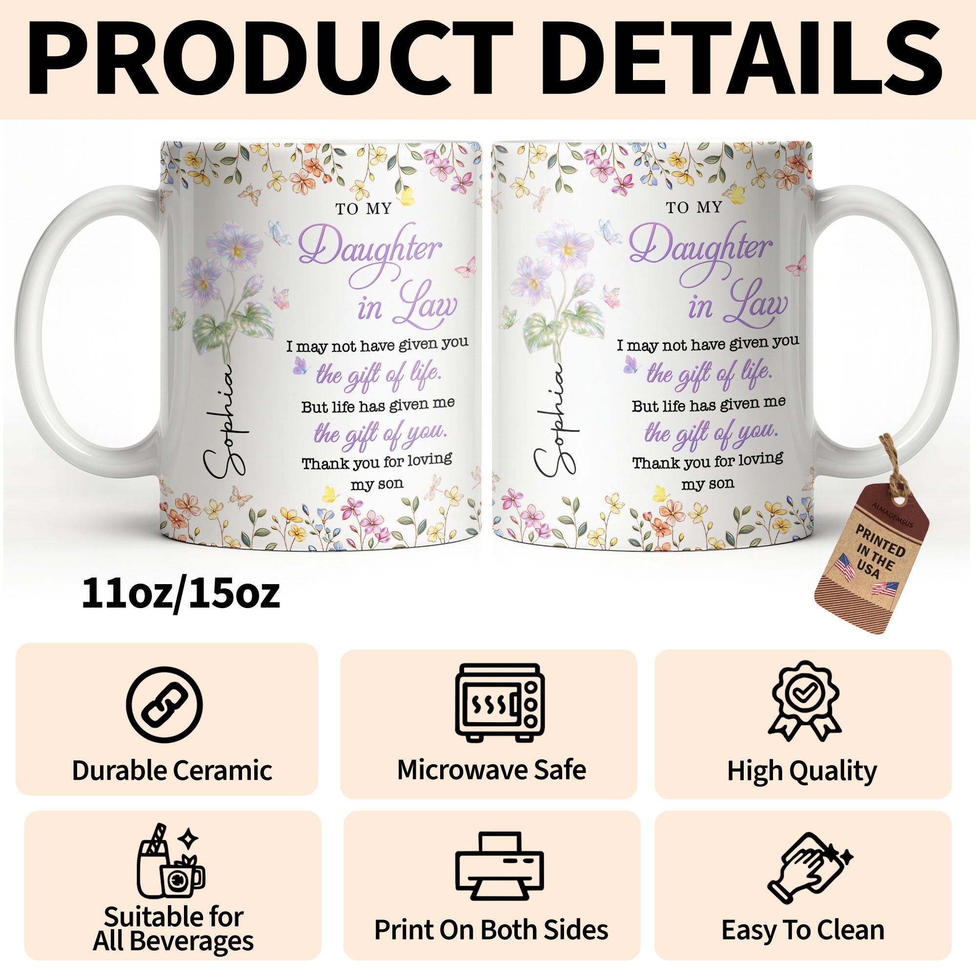 Personalized Floral Coffee Mug Gift for Daughter-in-Law Edge-to-edge Mug GradoCreations