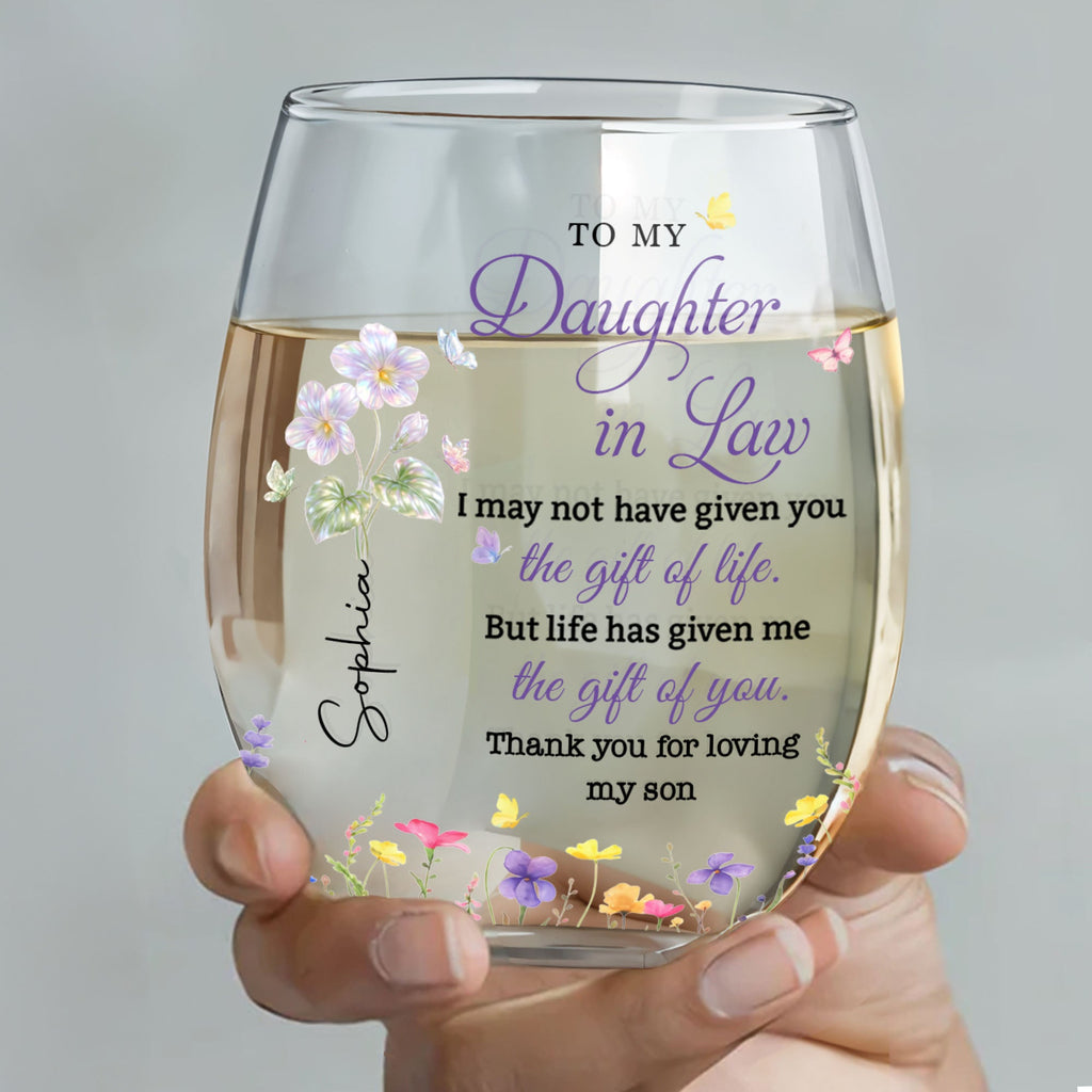 Personalized Stemless Wine Glass Custom Gift for Daughter-in-Law Wine Glasses GradoCreations