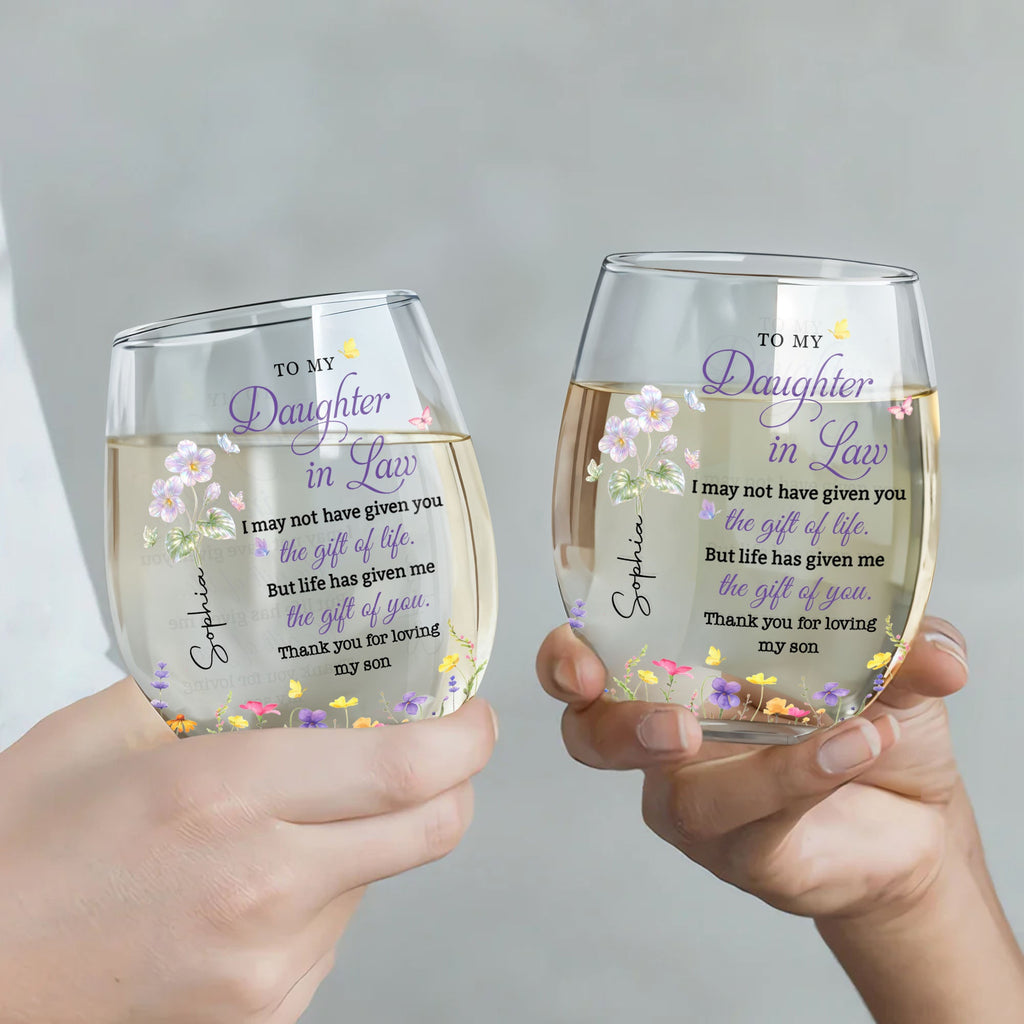 Personalized Stemless Wine Glass Custom Gift for Daughter-in-Law Wine Glasses GradoCreations