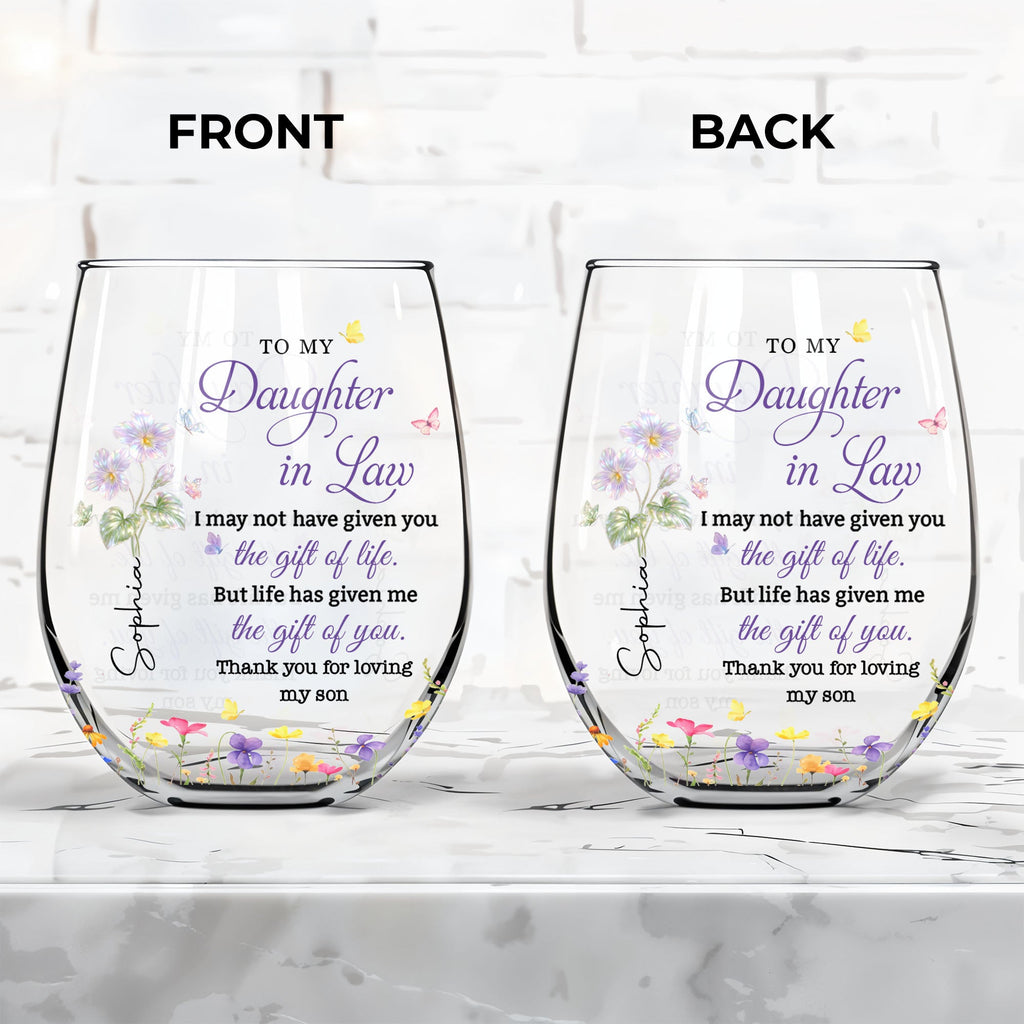 Personalized Stemless Wine Glass Custom Gift for Daughter-in-Law Wine Glasses GradoCreations