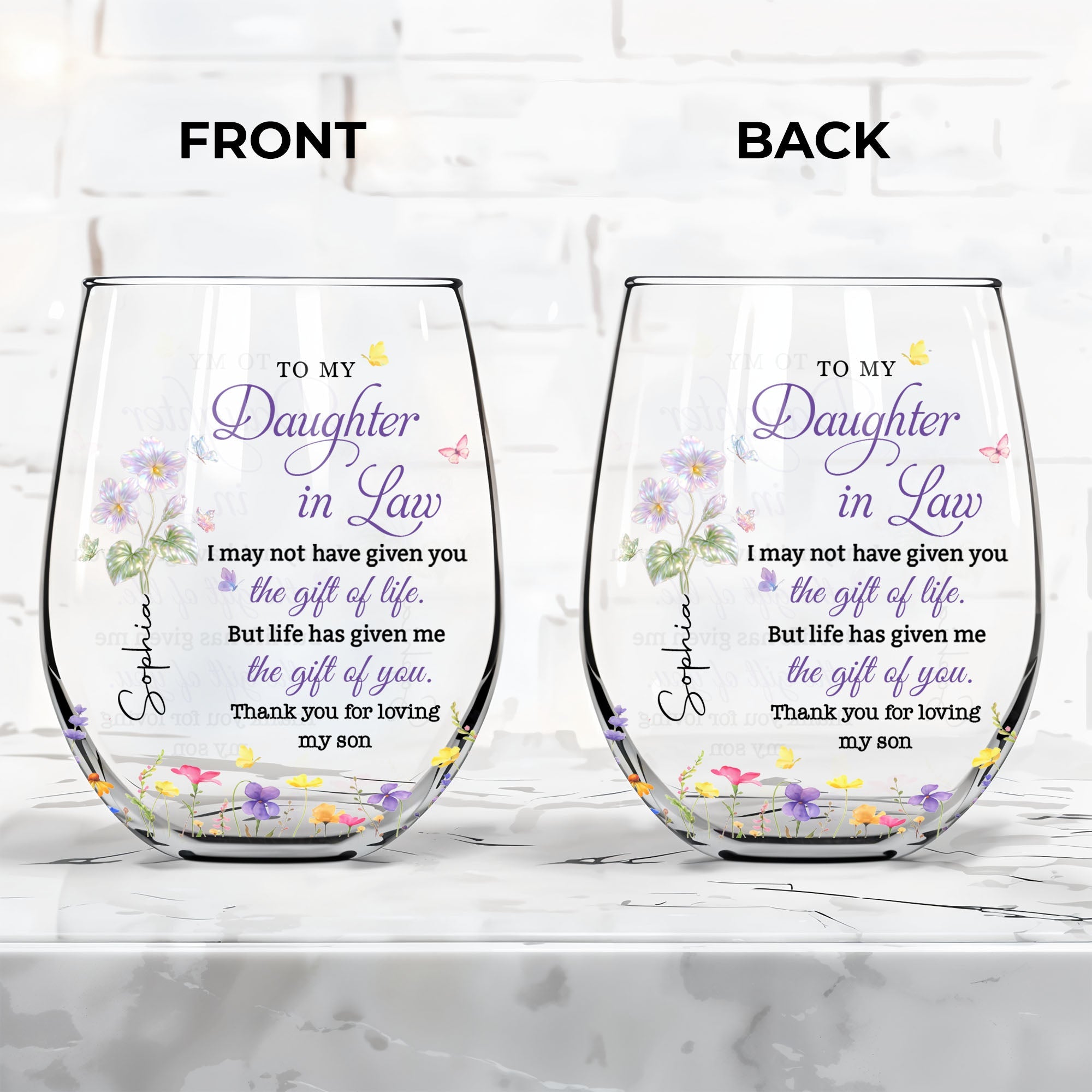 Personalized Stemless Wine Glass Custom Gift for Daughter-in-Law Wine Glasses GradoCreations