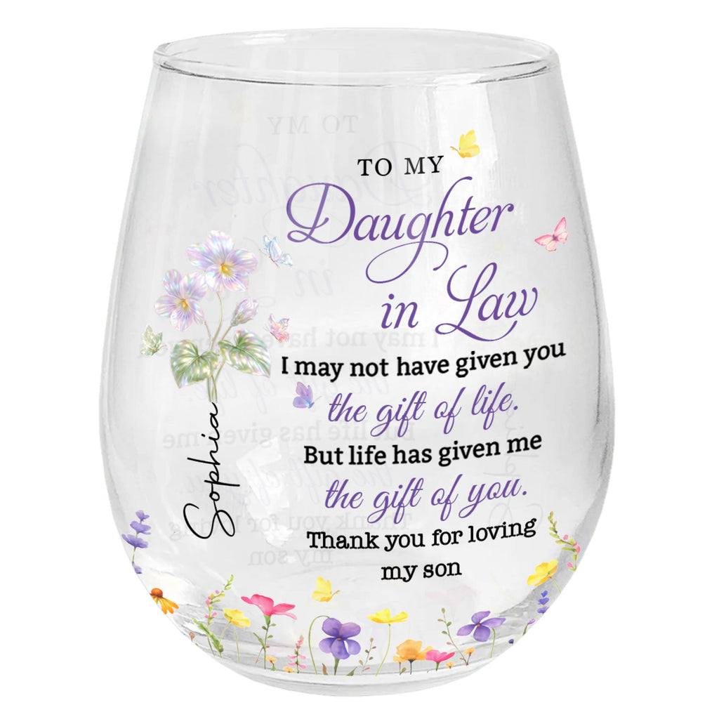 Personalized Stemless Wine Glass Custom Gift for Daughter-in-Law Wine Glasses GradoCreations