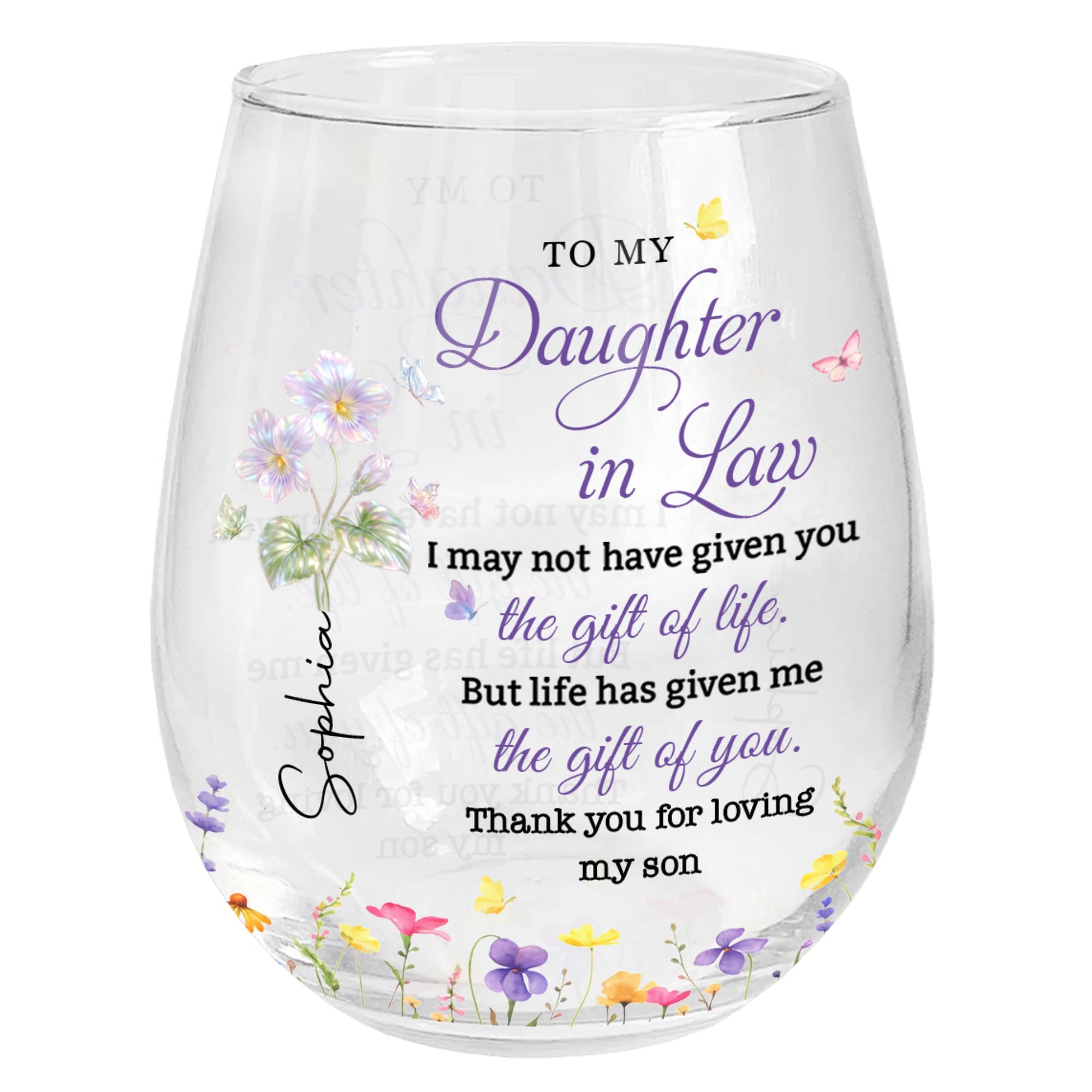 Personalized Stemless Wine Glass Custom Gift for Daughter-in-Law Wine Glasses GradoCreations