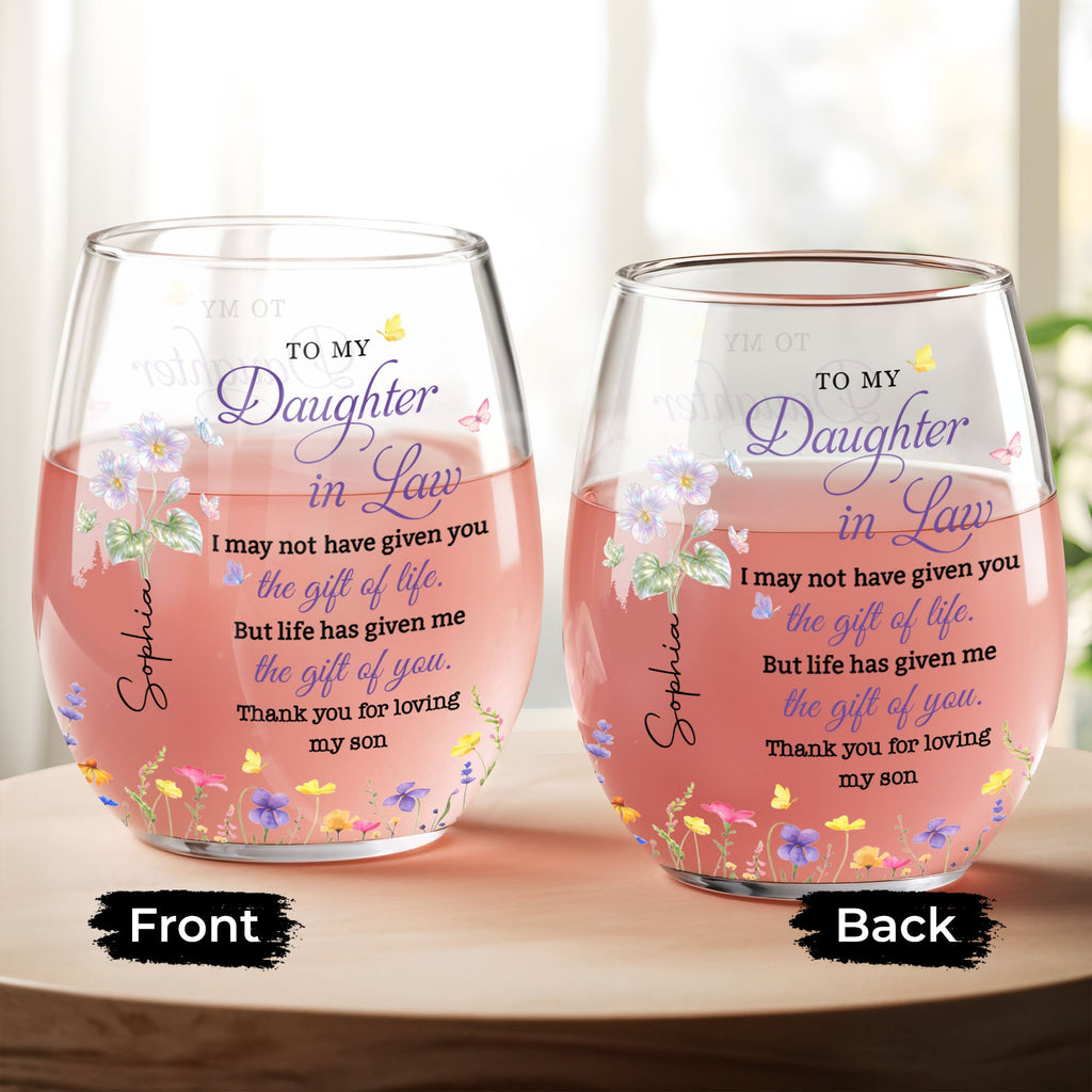 Personalized Stemless Wine Glass Custom Gift for Daughter-in-Law Wine Glasses GradoCreations
