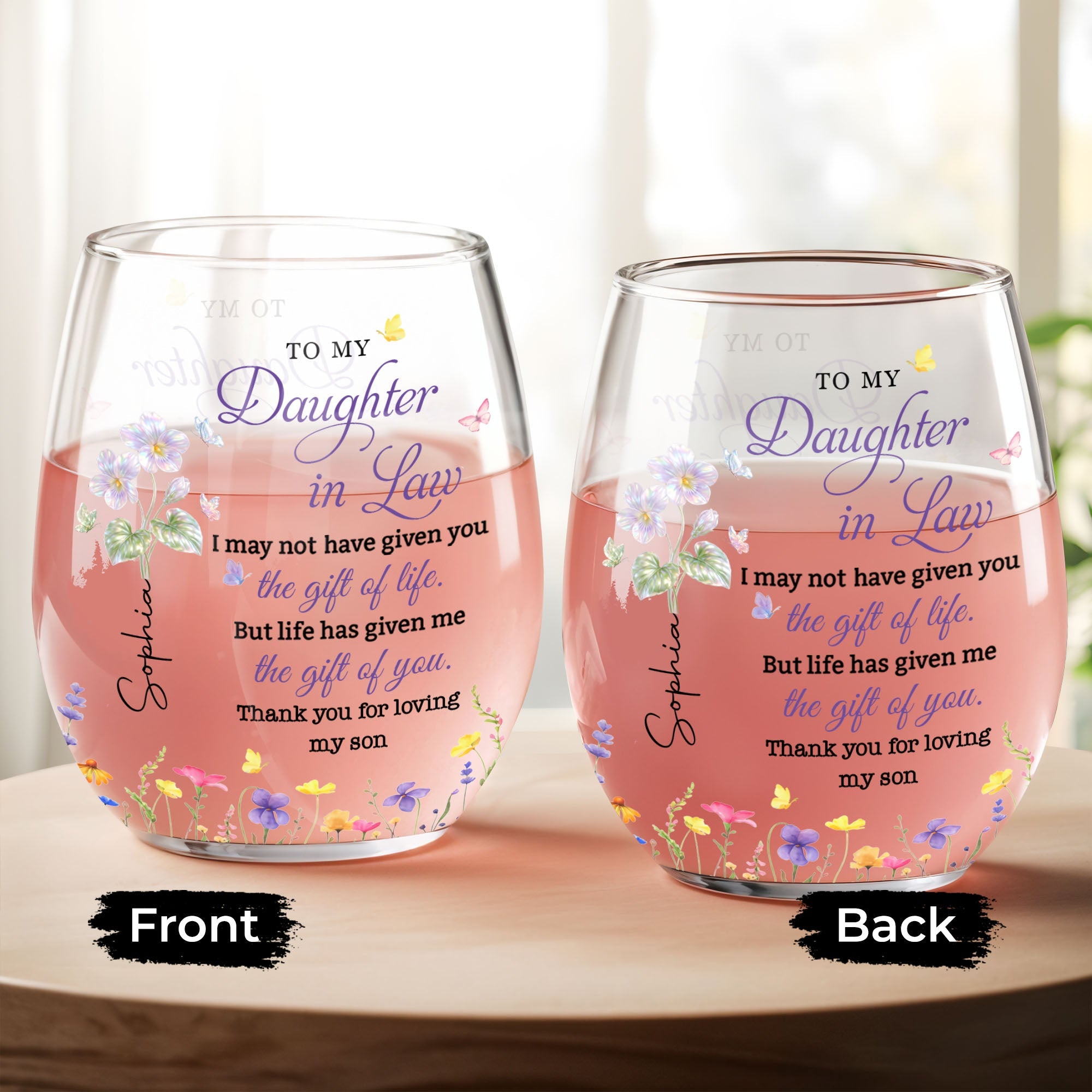 Personalized Stemless Wine Glass Custom Gift for Daughter-in-Law Wine Glasses GradoCreations