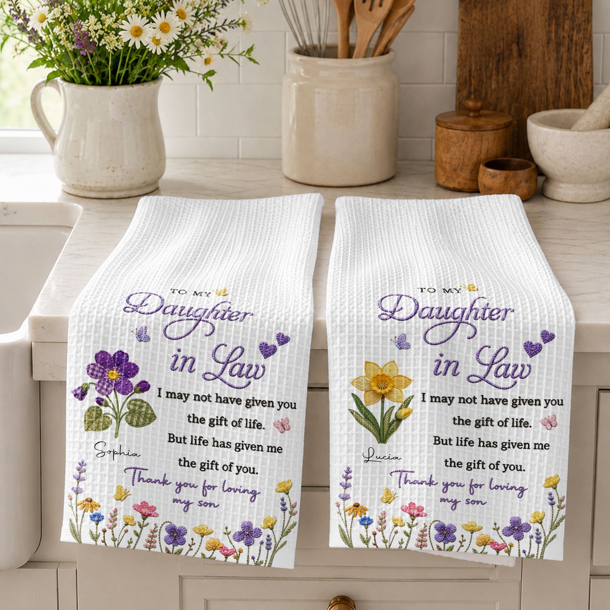 Personalized Kitchen Towel Gift for Daughter-in-Law with Flowers Kitchen Towel GradoCreations