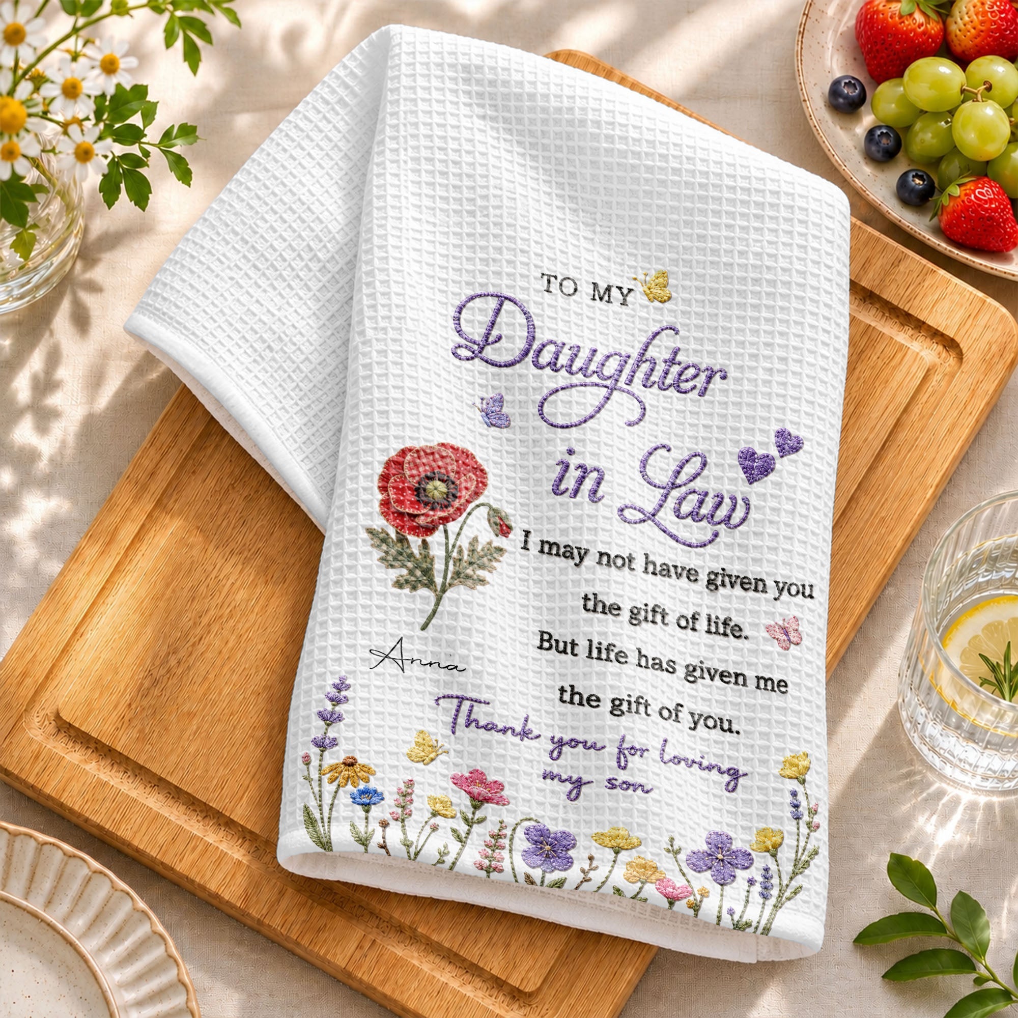 Personalized Kitchen Towel Gift for Daughter-in-Law with Flowers Kitchen Towel GradoCreations
