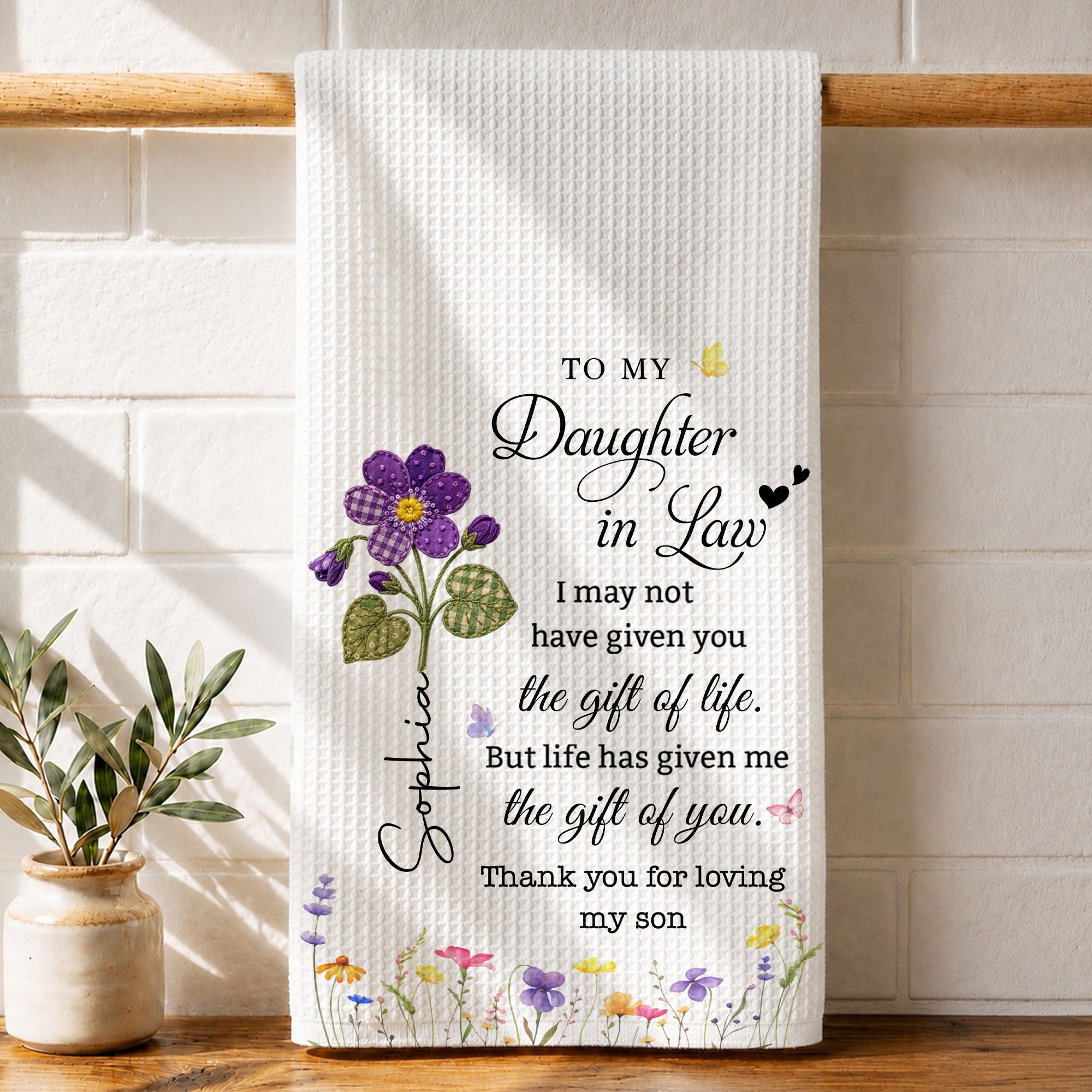 Personalized Birth Month Flower Kitchen Towel Gift for Daughter-in-Law Kitchen Towel GradoCreations