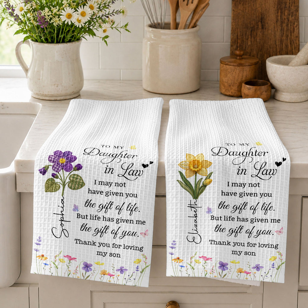 Personalized Birth Month Flower Kitchen Towel Gift for Daughter-in-Law Kitchen Towel GradoCreations