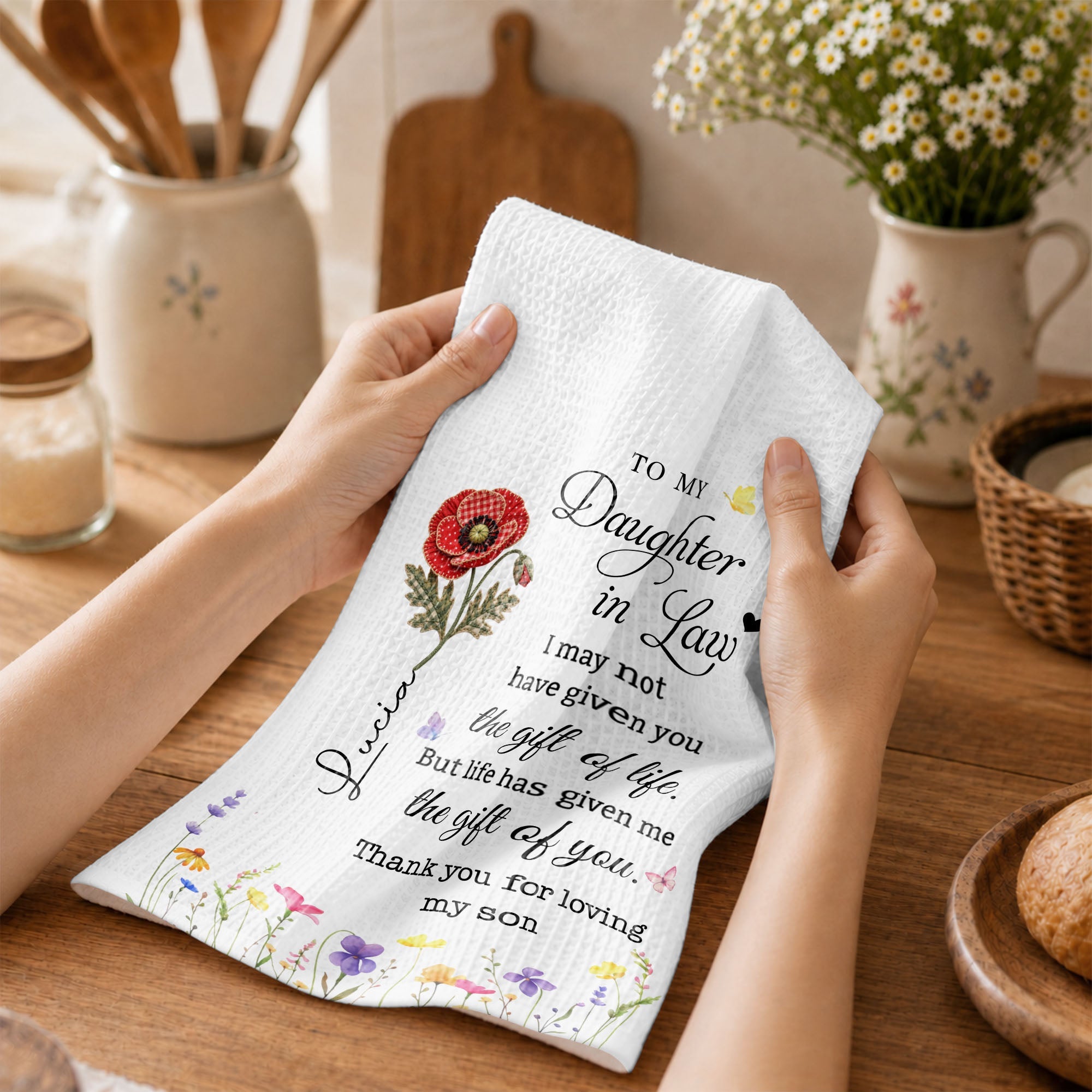 Personalized Birth Month Flower Kitchen Towel Gift for Daughter-in-Law Kitchen Towel GradoCreations