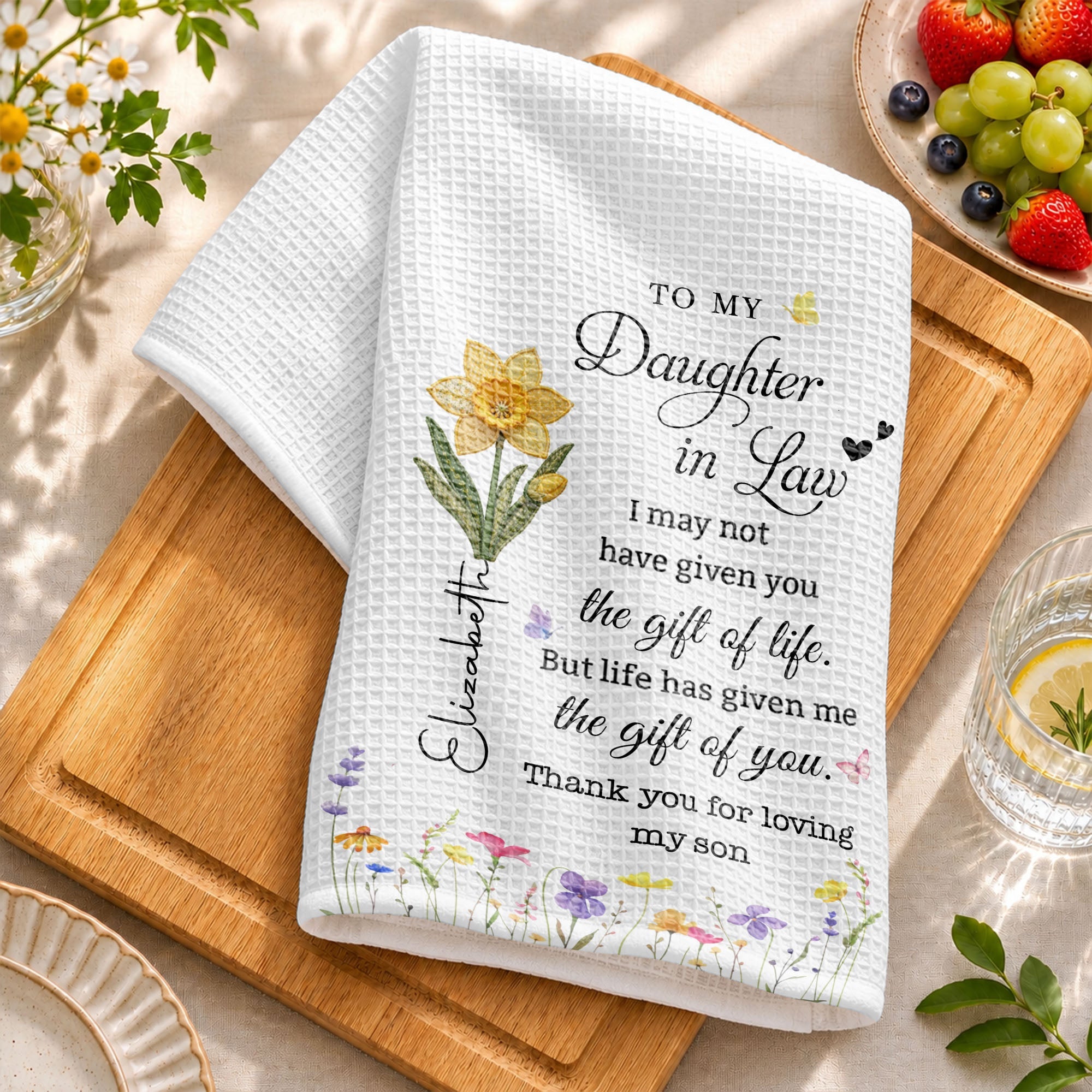 Personalized Birth Month Flower Kitchen Towel Gift for Daughter-in-Law Kitchen Towel GradoCreations