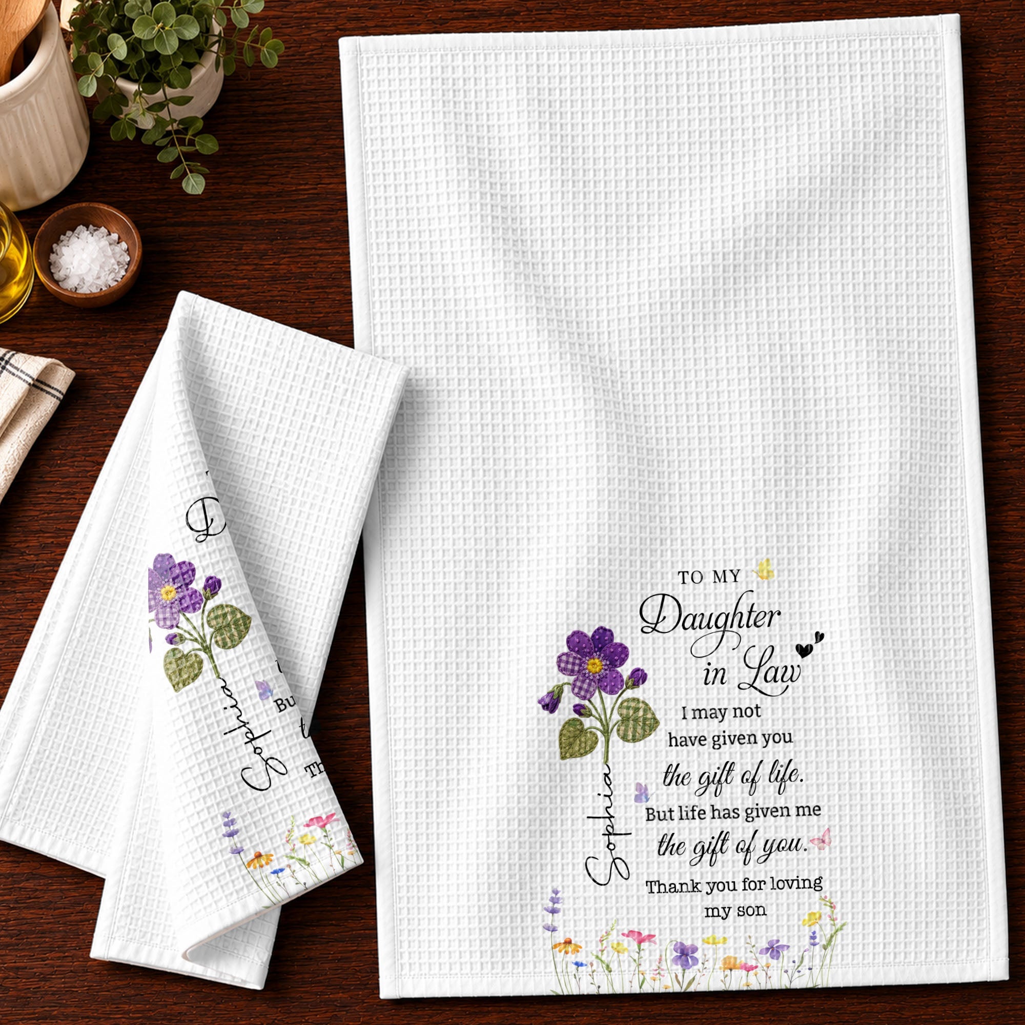 Personalized Birth Month Flower Kitchen Towel Gift for Daughter-in-Law Kitchen Towel GradoCreations