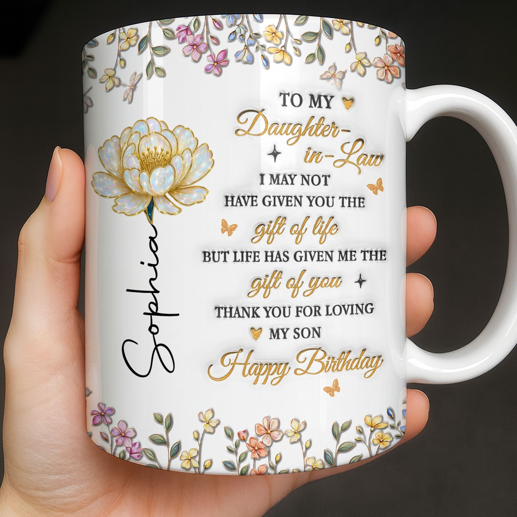 Personalized Coffee Mug Custom Floral Design Gift for Daughter-in-Law Edge-to-edge Mug GradoCreations