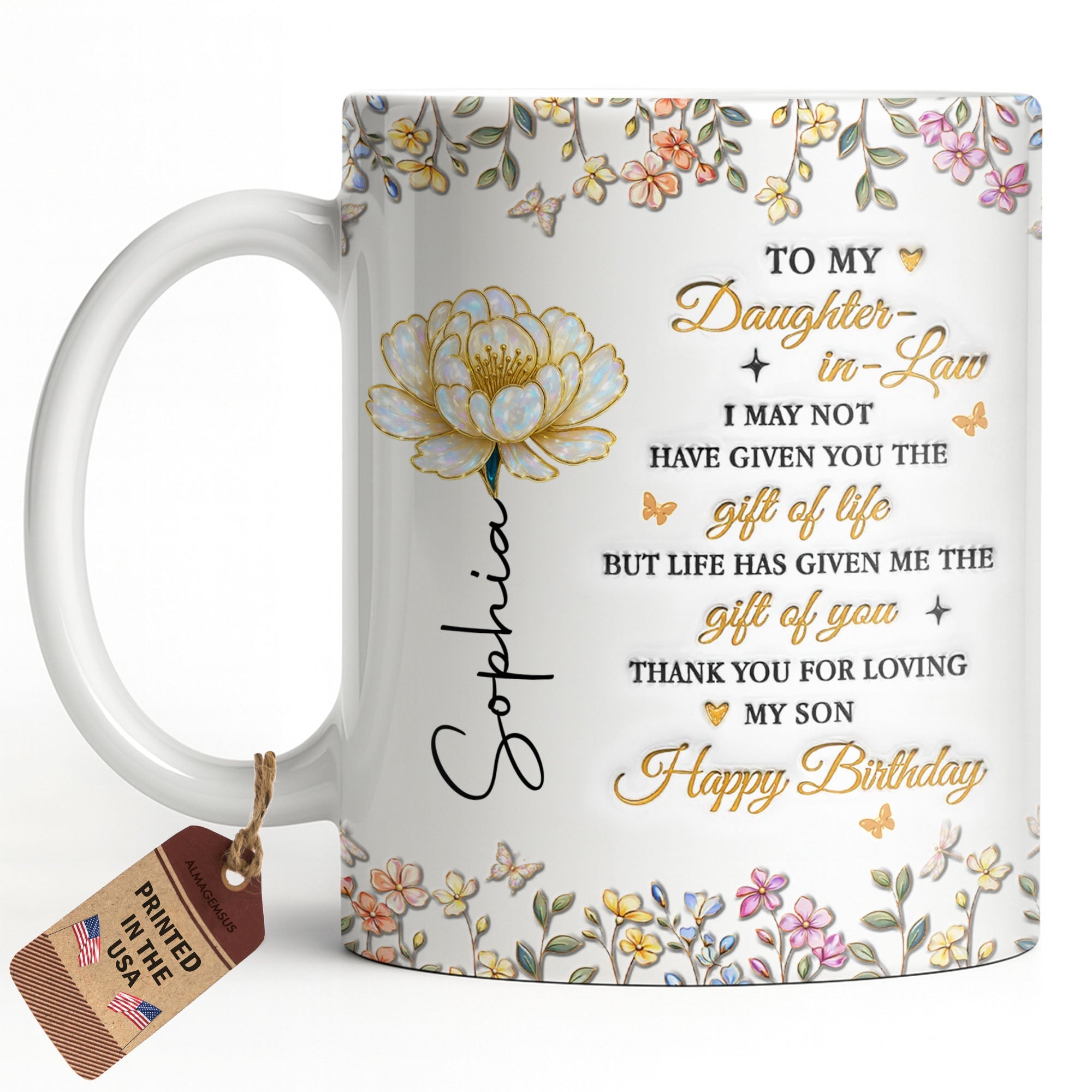 Personalized Coffee Mug Custom Floral Design Gift for Daughter-in-Law Edge-to-edge Mug GradoCreations
