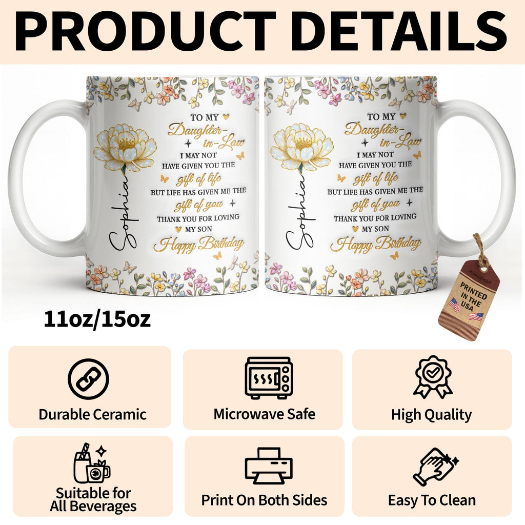 Personalized Coffee Mug Custom Floral Design Gift for Daughter-in-Law Edge-to-edge Mug GradoCreations