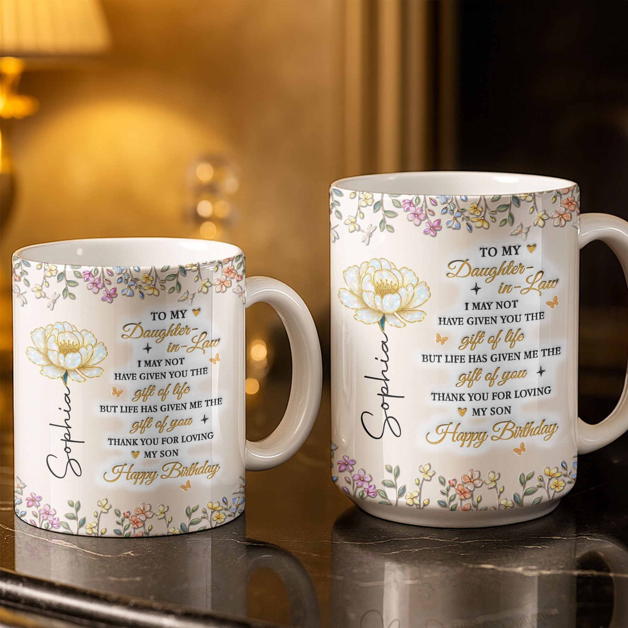 Personalized Coffee Mug Custom Floral Design Gift for Daughter-in-Law Edge-to-edge Mug GradoCreations