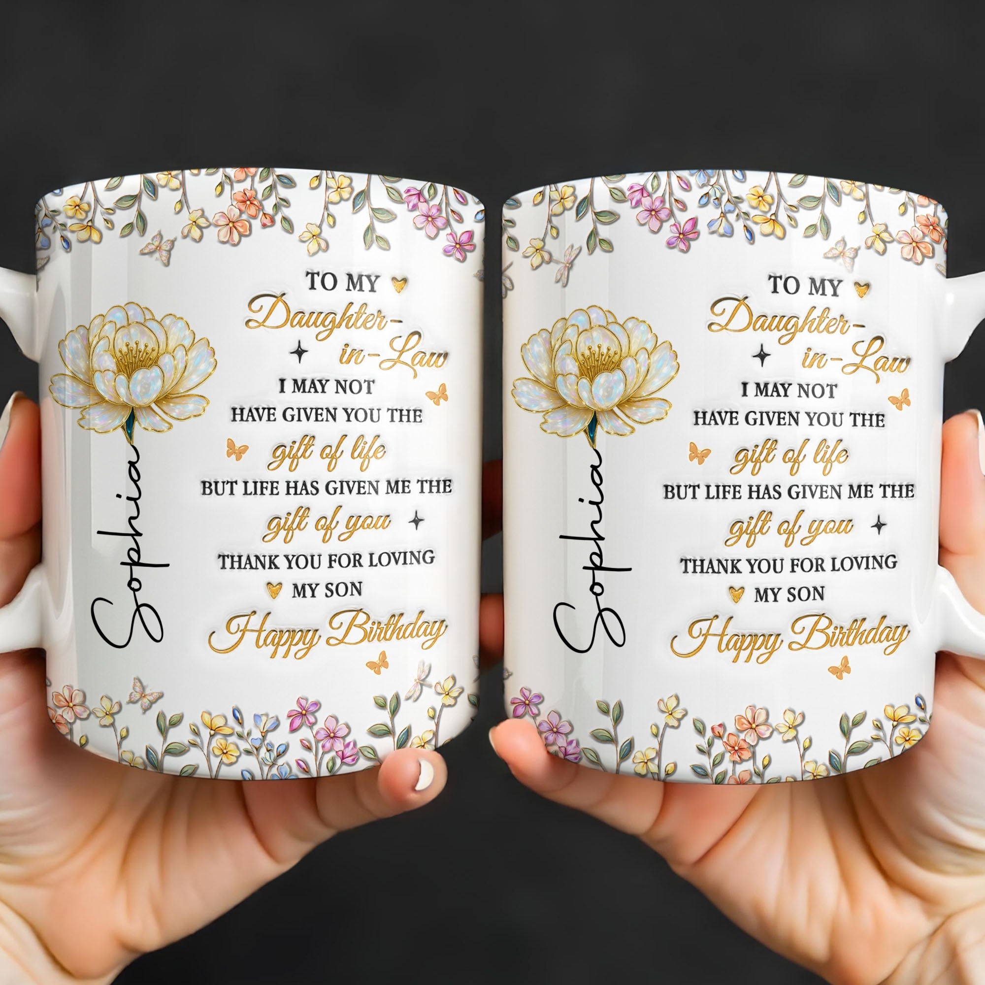Personalized Coffee Mug Custom Floral Design Gift for Daughter-in-Law Edge-to-edge Mug GradoCreations