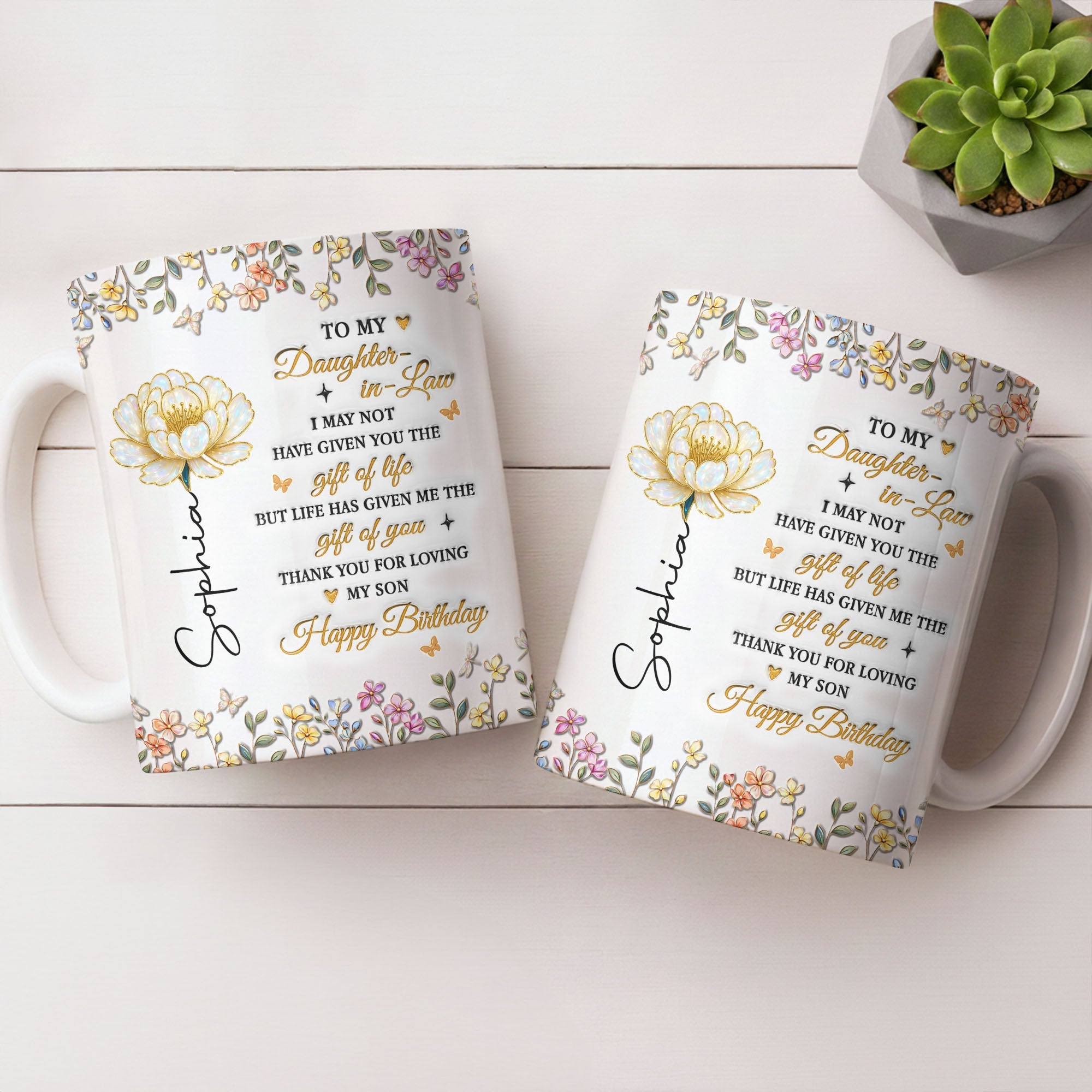 Personalized Coffee Mug Custom Floral Design Gift for Daughter-in-Law Edge-to-edge Mug GradoCreations