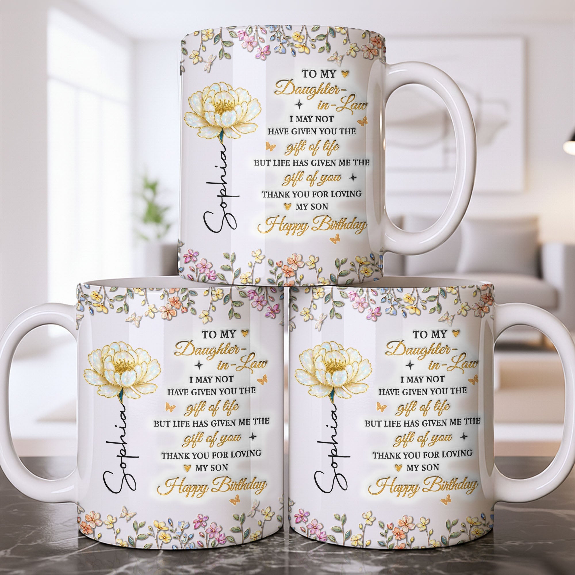 Personalized Coffee Mug Custom Floral Design Gift for Daughter-in-Law Edge-to-edge Mug GradoCreations