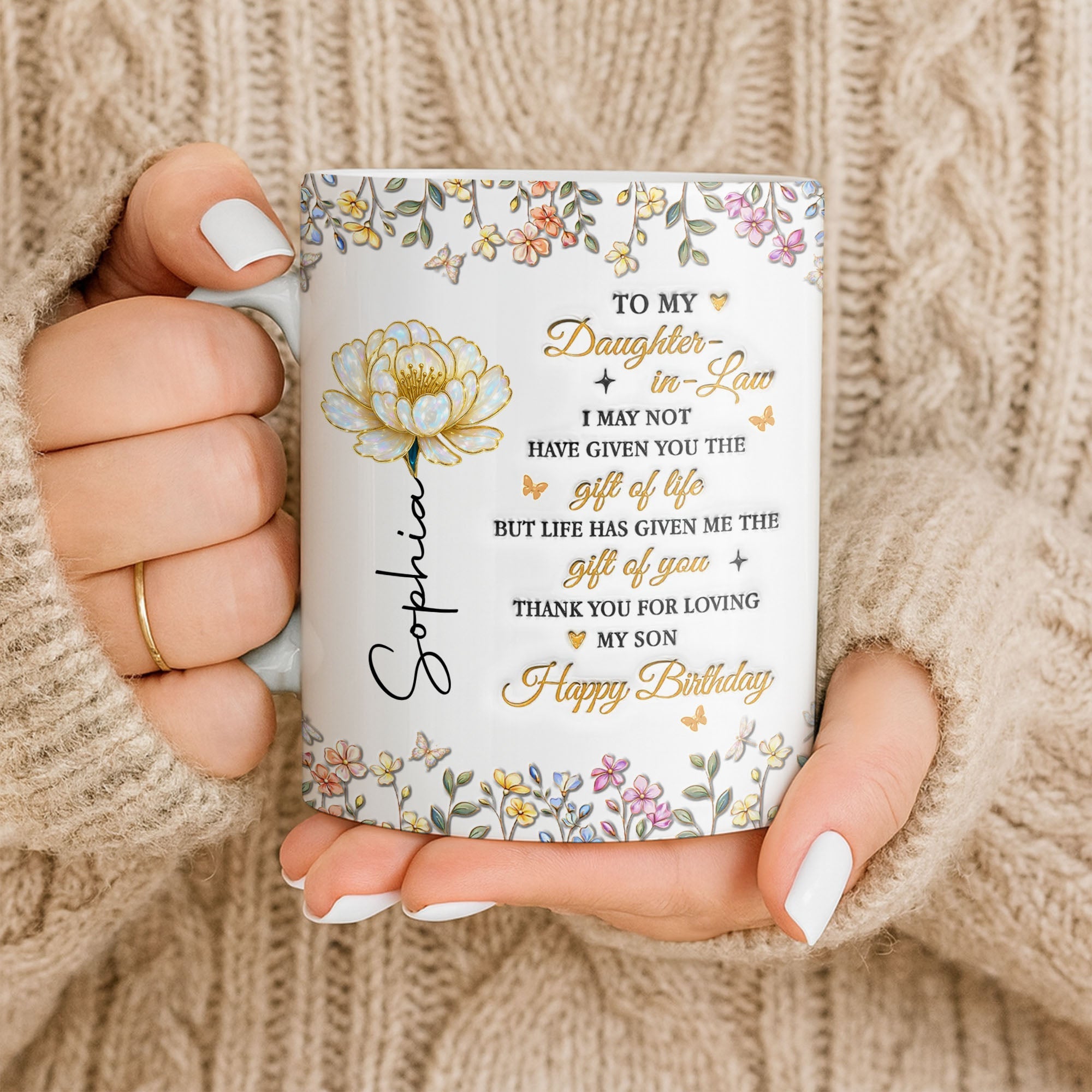 Personalized Coffee Mug Custom Floral Design Gift for Daughter-in-Law Edge-to-edge Mug GradoCreations