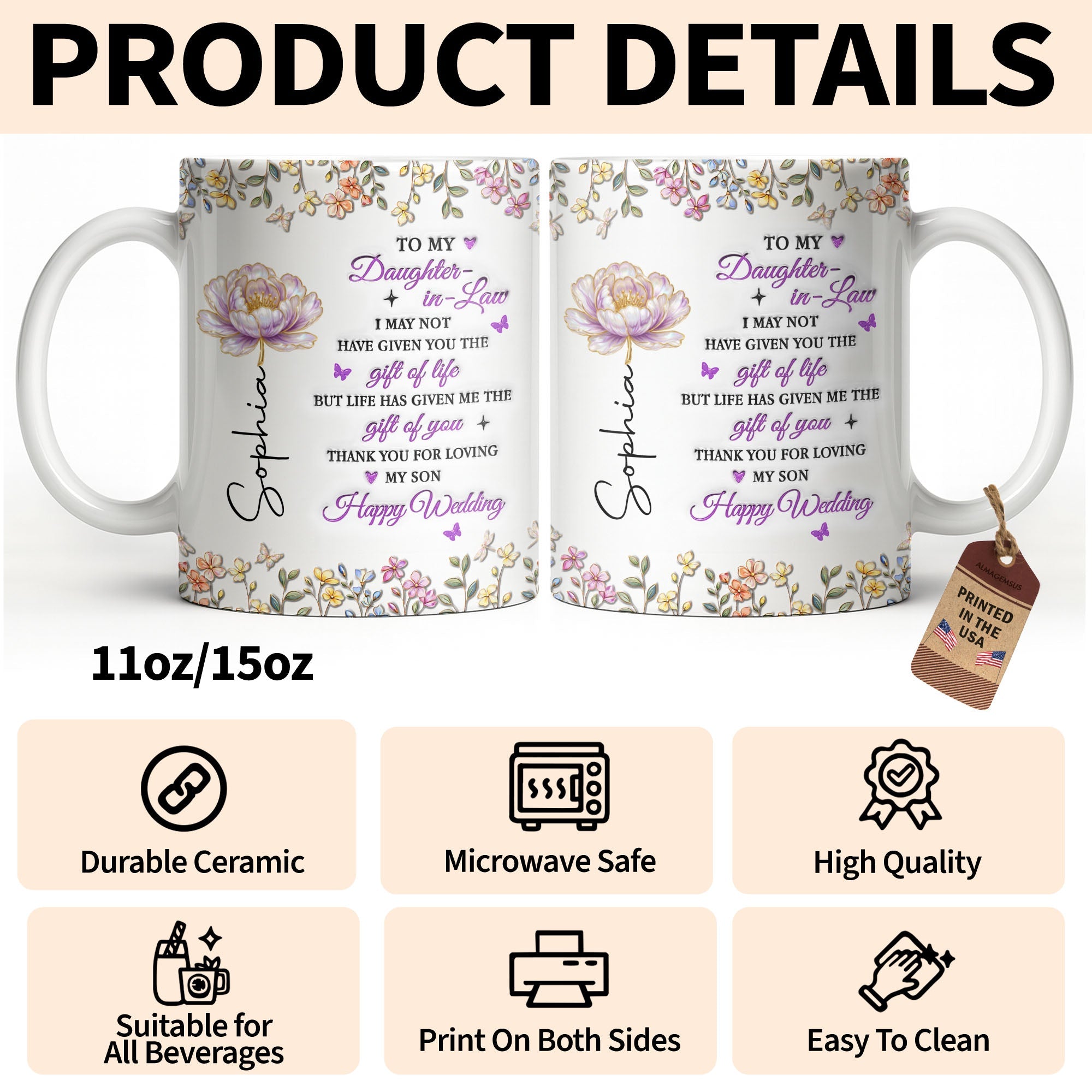 Personalized Floral Coffee Mug Custom Gift for Daughter-in-Law Edge-to-edge Mug GradoCreations