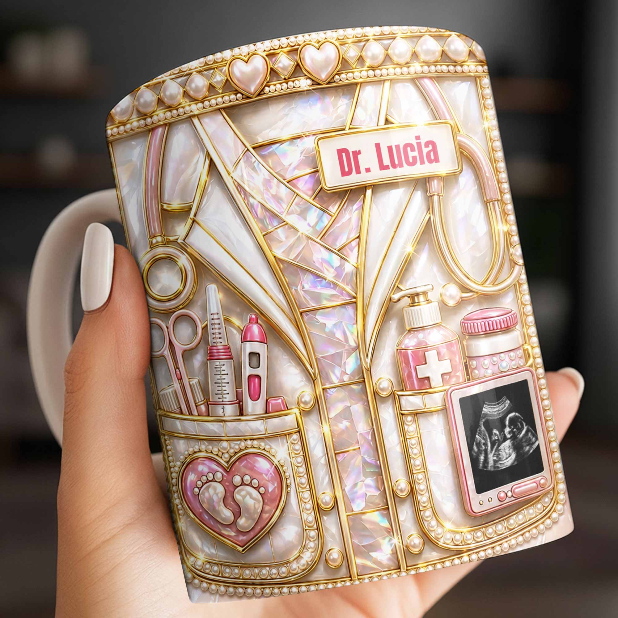 Personalized Doctor Coffee Mug Custom Name Mother Of Pearl Gift Edge-to-edge Mug GradoCreations