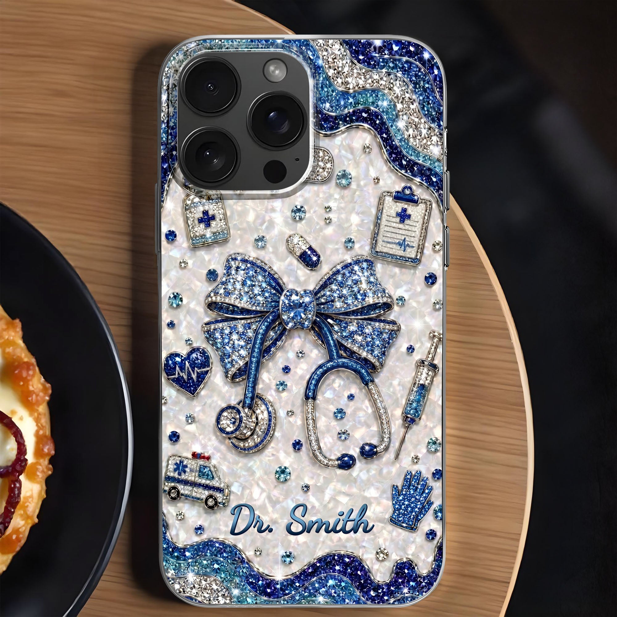 Personalized Clear Phone Case for Doctor with Blue Bow & 3D Icons Clear Phone Case GradoCreations