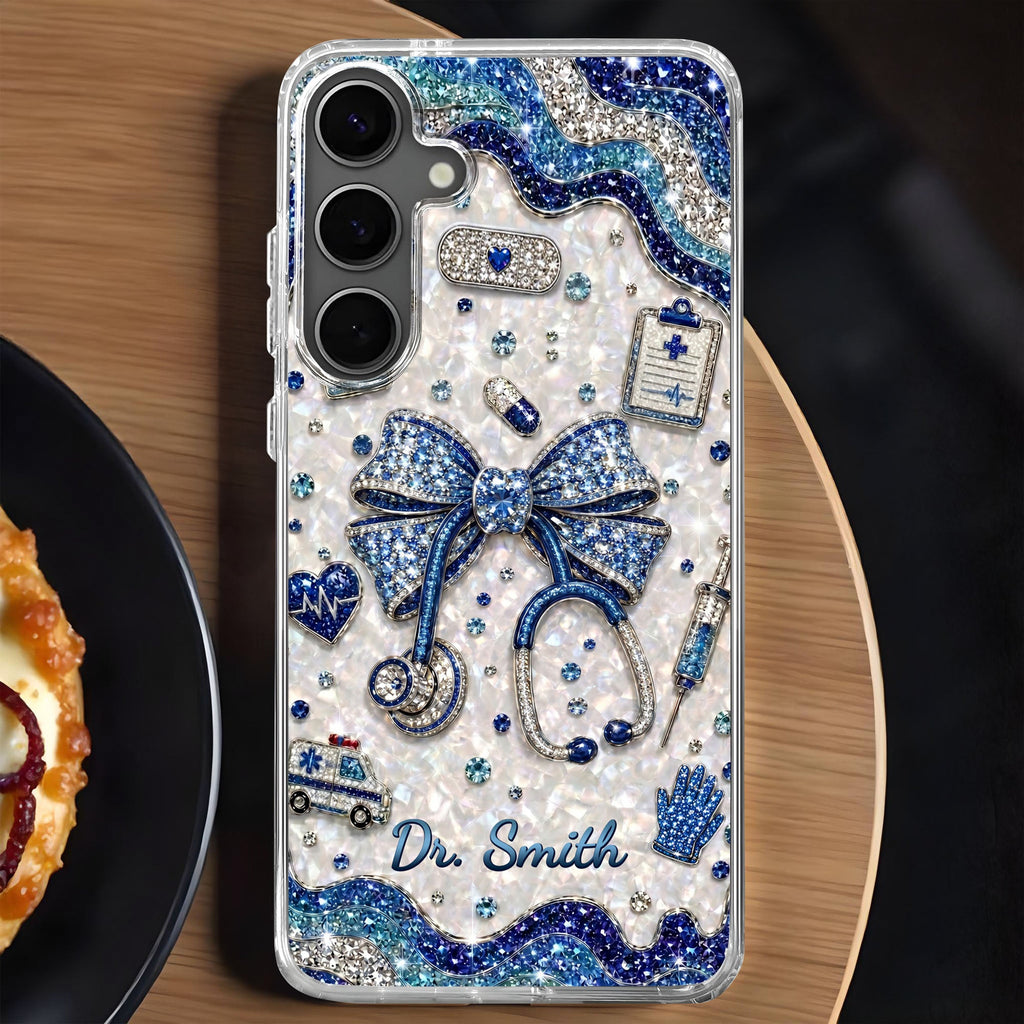 Personalized Clear Phone Case for Doctor with Blue Bow & 3D Icons Clear Phone Case GradoCreations