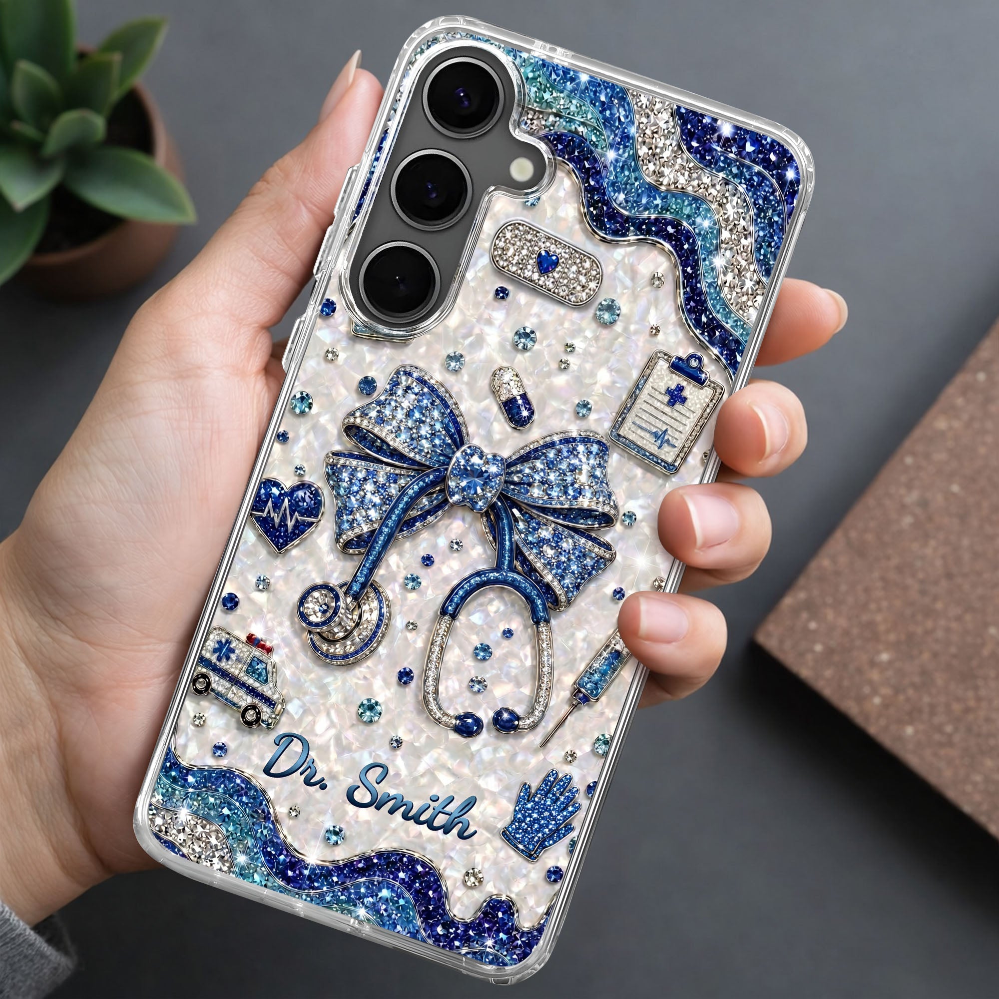 Personalized Clear Phone Case for Doctor with Blue Bow & 3D Icons Clear Phone Case GradoCreations