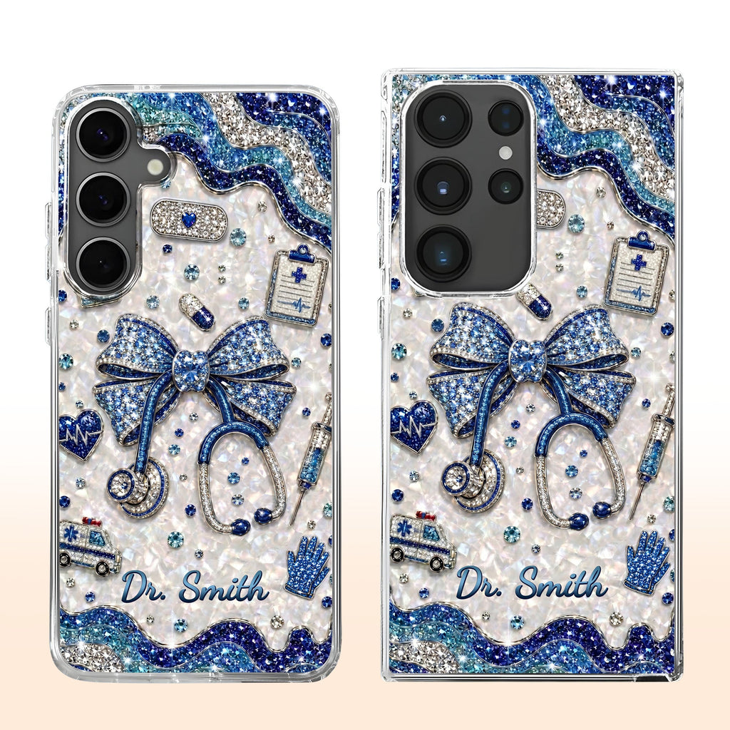 Personalized Clear Phone Case for Doctor with Blue Bow & 3D Icons Clear Phone Case GradoCreations