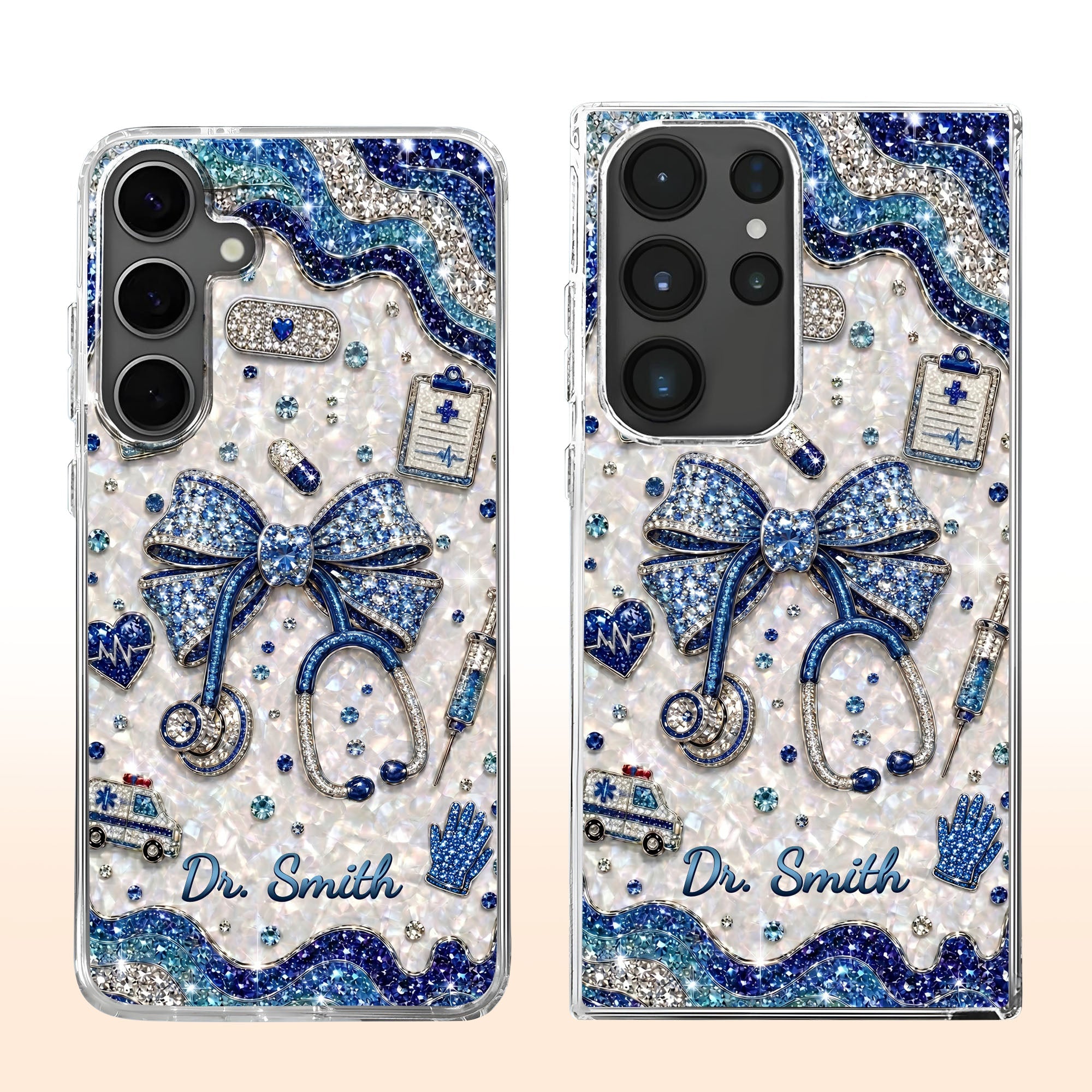Personalized Clear Phone Case for Doctor with Blue Bow & 3D Icons Clear Phone Case GradoCreations