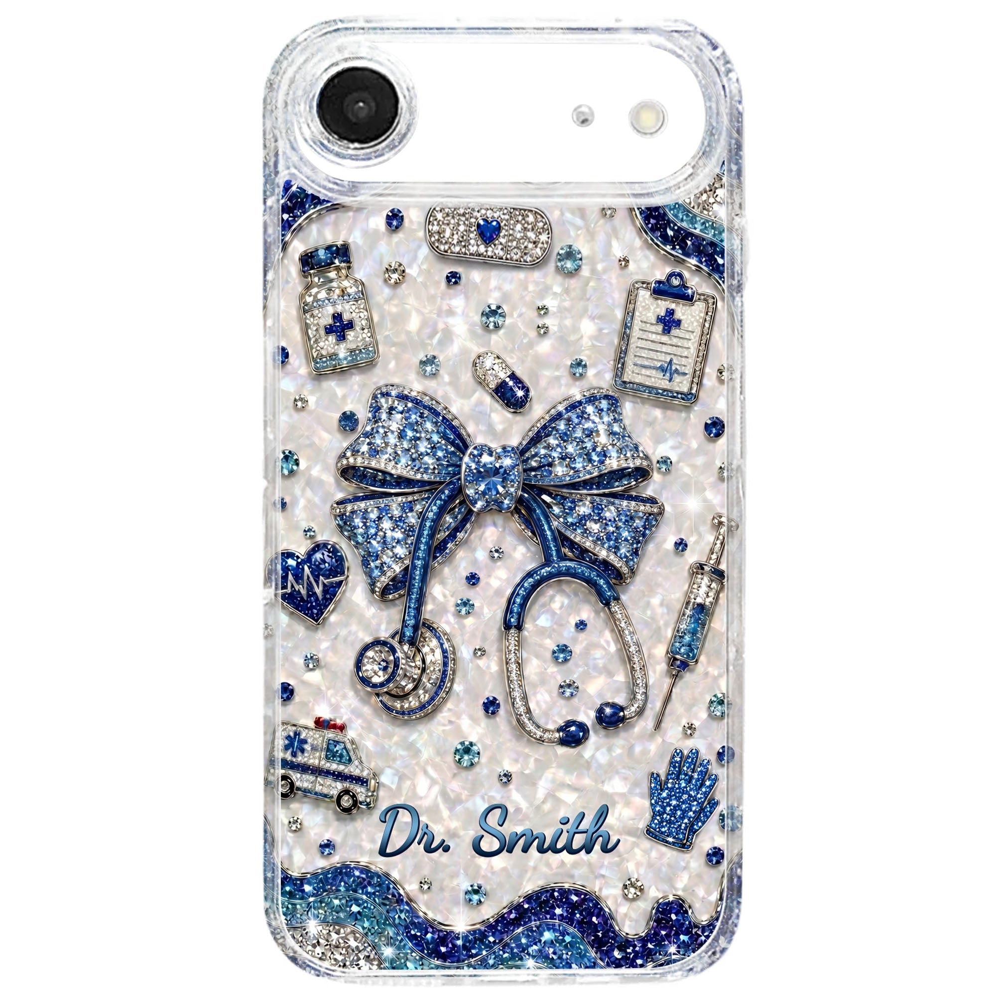 Personalized Clear Phone Case for Doctor with Blue Bow & 3D Icons Clear Phone Case GradoCreations
