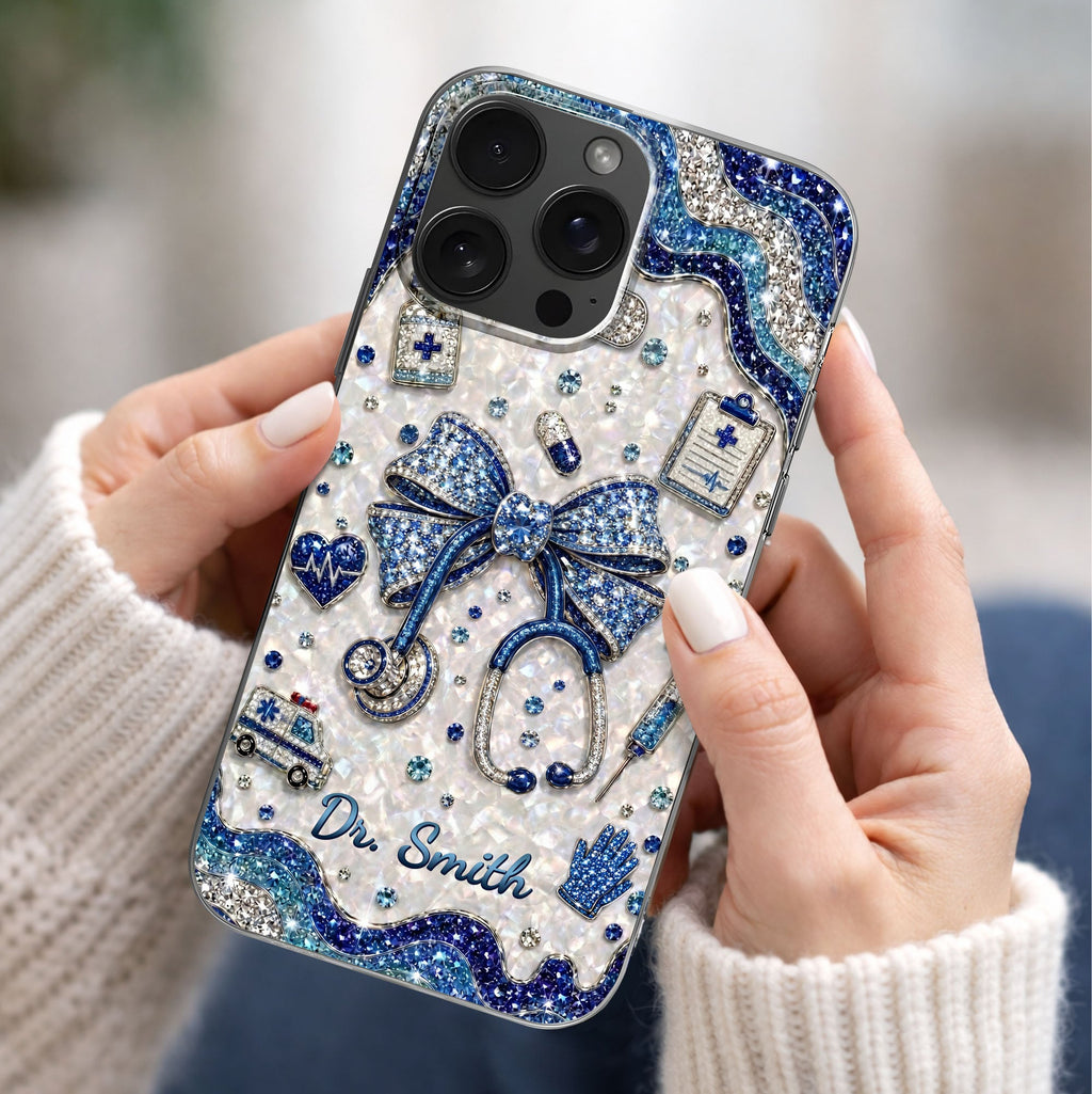 Personalized Clear Phone Case for Doctor with Blue Bow & 3D Icons Clear Phone Case GradoCreations