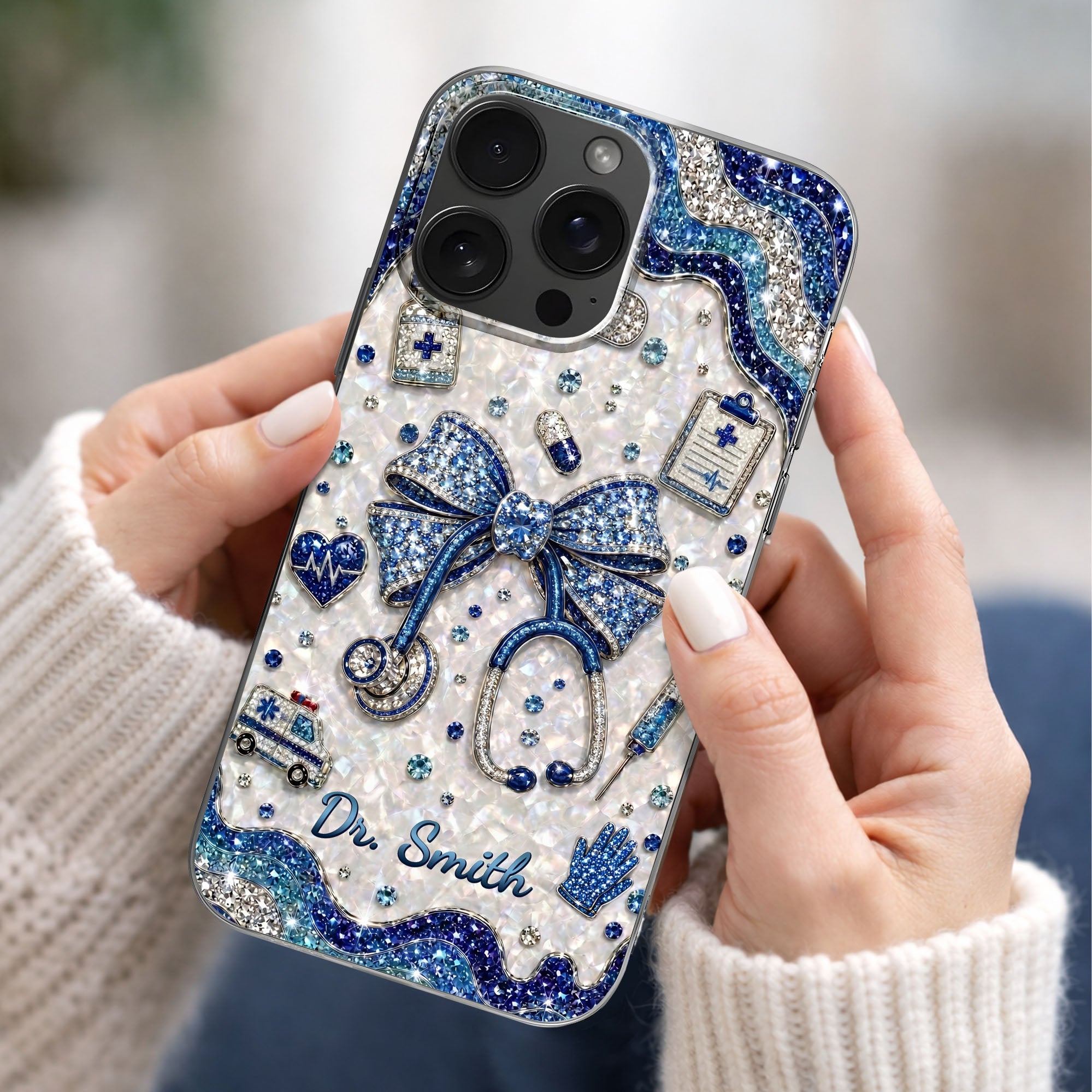 Personalized Clear Phone Case for Doctor with Blue Bow & 3D Icons Clear Phone Case GradoCreations