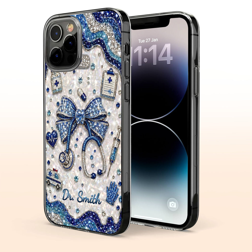 Personalized Clear Phone Case for Doctor with Blue Bow & 3D Icons Clear Phone Case GradoCreations