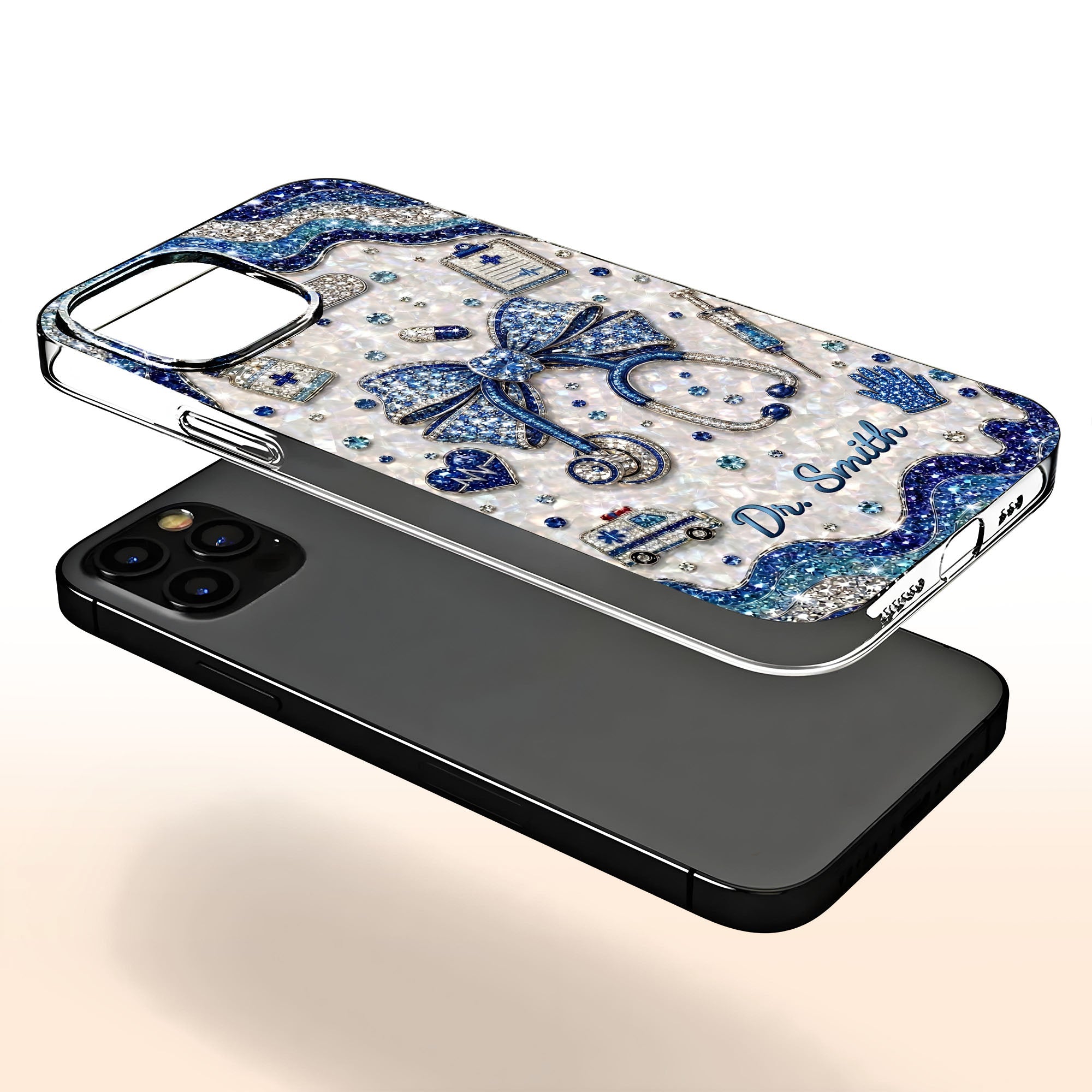 Personalized Clear Phone Case for Doctor with Blue Bow & 3D Icons Clear Phone Case GradoCreations