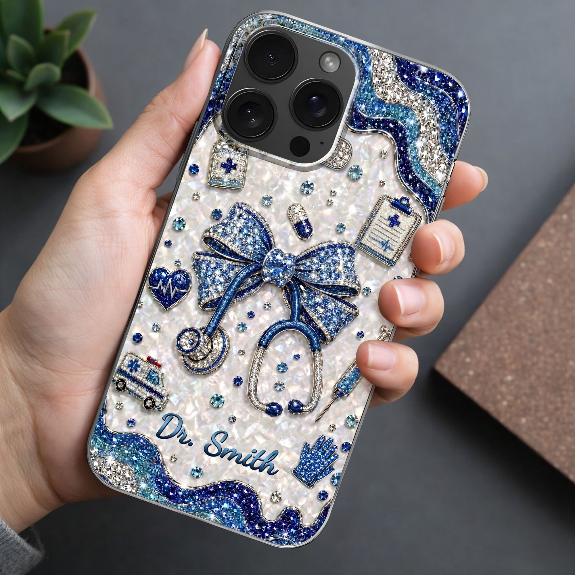 Personalized Clear Phone Case for Doctor with Blue Bow & 3D Icons Clear Phone Case GradoCreations