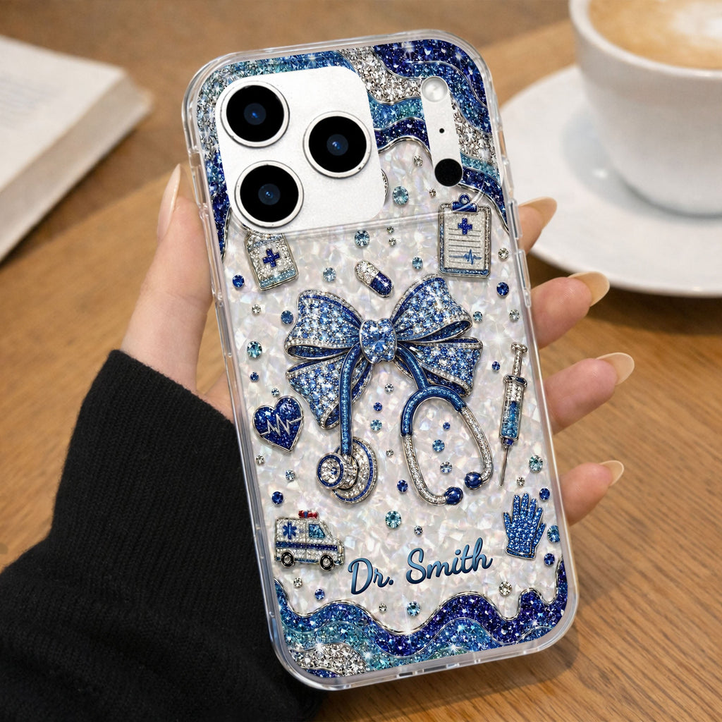 Personalized Clear Phone Case for Doctor with Blue Bow & 3D Icons Clear Phone Case GradoCreations