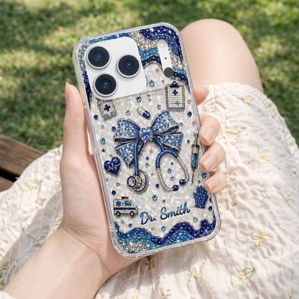 Personalized Clear Phone Case for Doctor with Blue Bow & 3D Icons Clear Phone Case GradoCreations