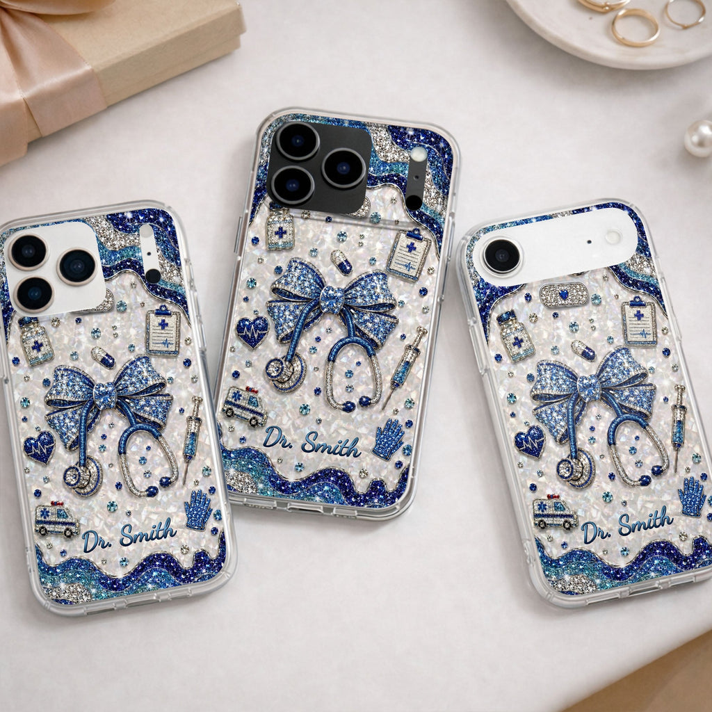 Personalized Clear Phone Case for Doctor with Blue Bow & 3D Icons Clear Phone Case GradoCreations
