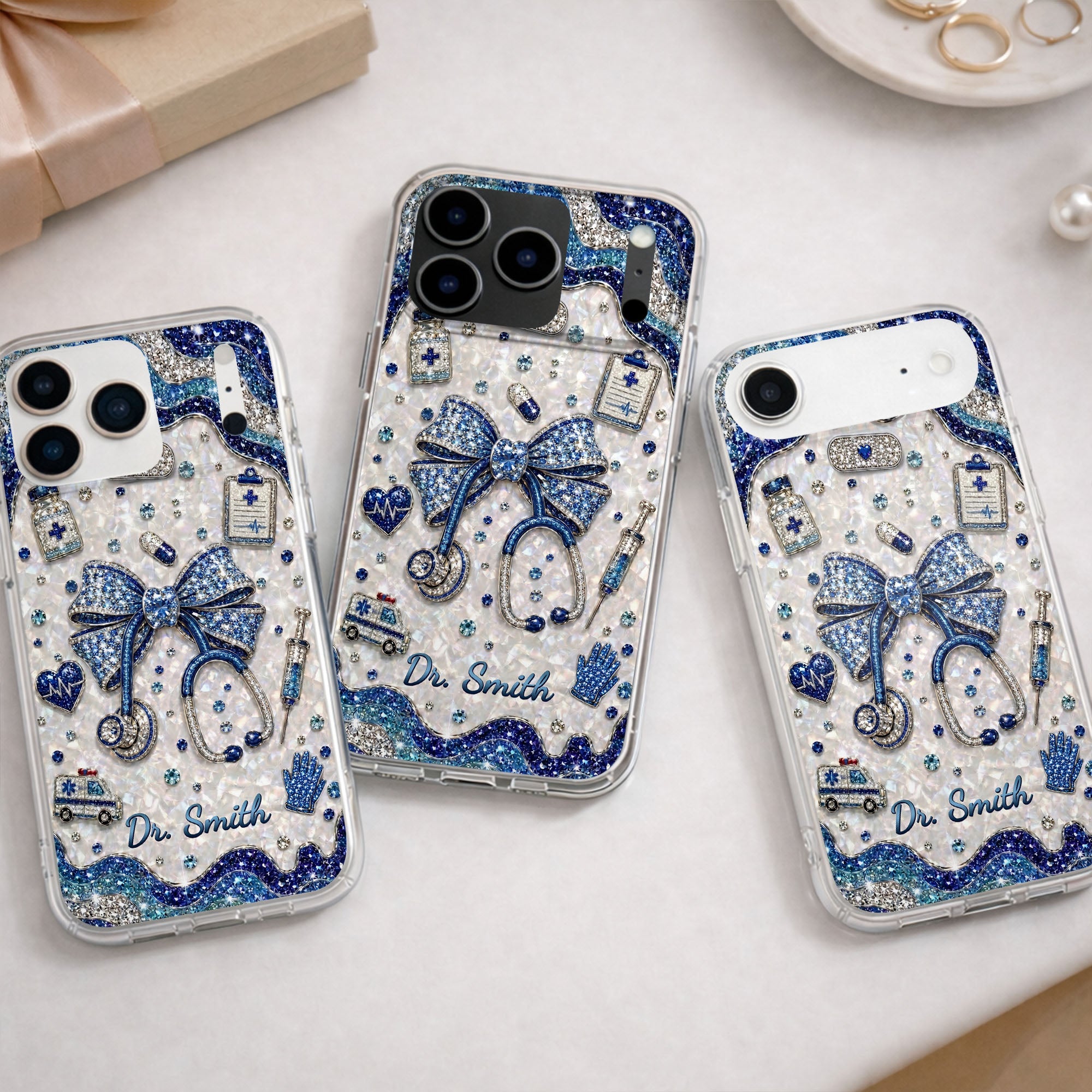 Personalized Clear Phone Case for Doctor with Blue Bow & 3D Icons Clear Phone Case GradoCreations