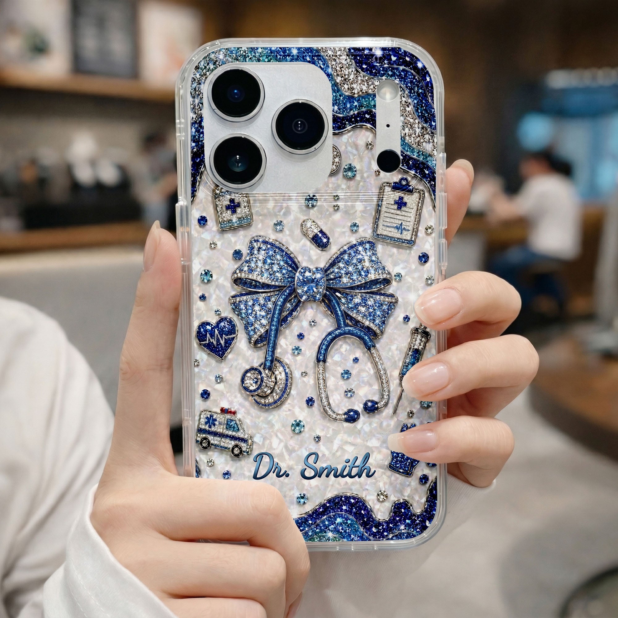 Personalized Clear Phone Case for Doctor with Blue Bow & 3D Icons Clear Phone Case GradoCreations