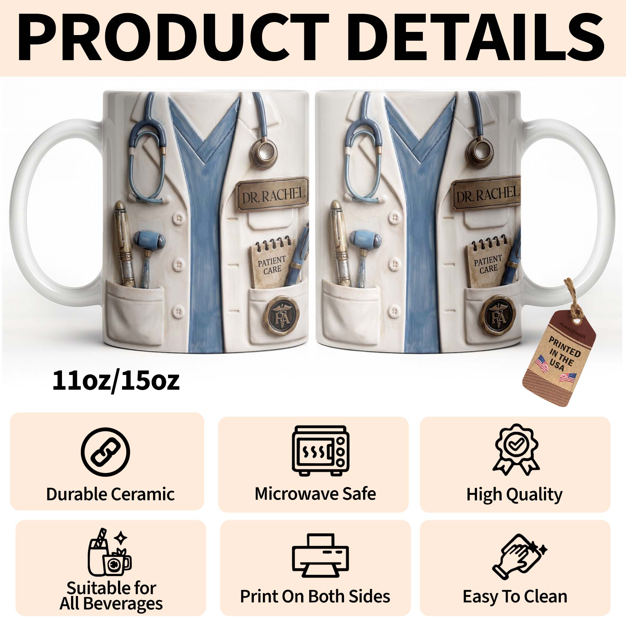 Personalized 3D Effect Mug Custom Name Gift for Doctors Edge-to-edge Mug GradoCreations