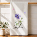 Personalized Birth Month Flower Kitchen Towel with Butterflies Gift for Mom, Bestie, or Daughter