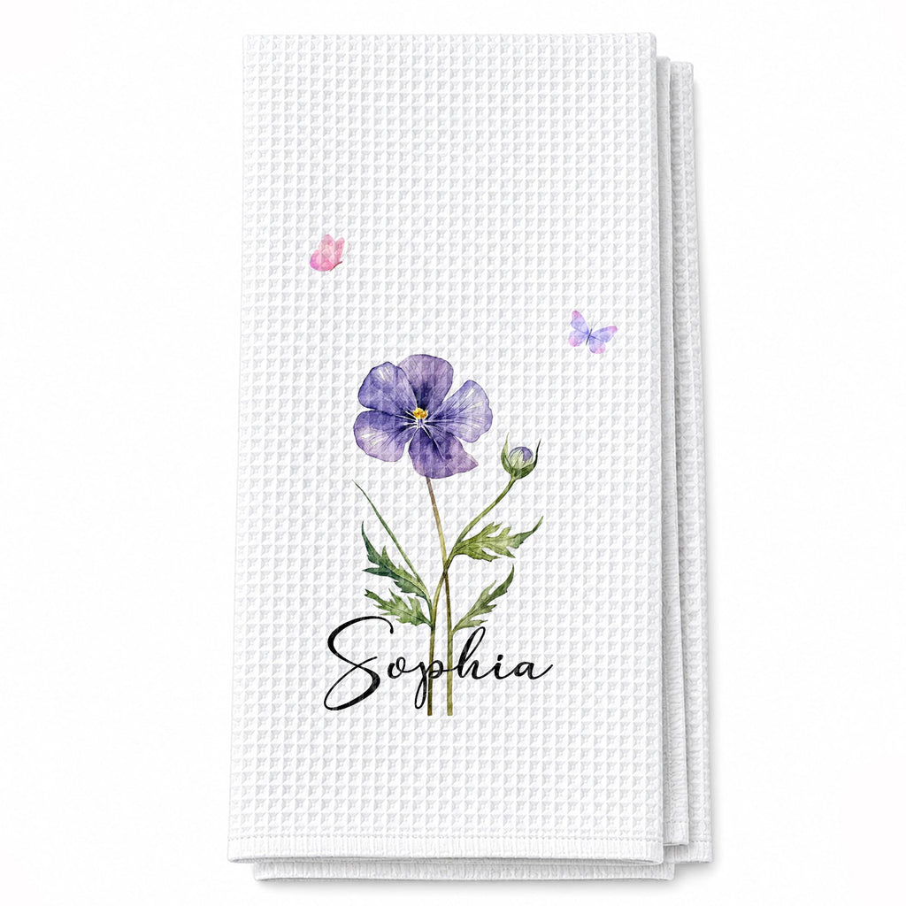 Personalized Birth Month Flower Kitchen Towel with Butterflies Gift for Mom, Bestie, or Daughter