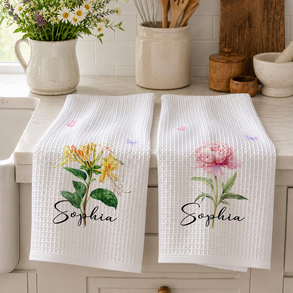 Personalized Birth Month Flower Kitchen Towel with Butterflies Gift for Mom, Bestie, or Daughter