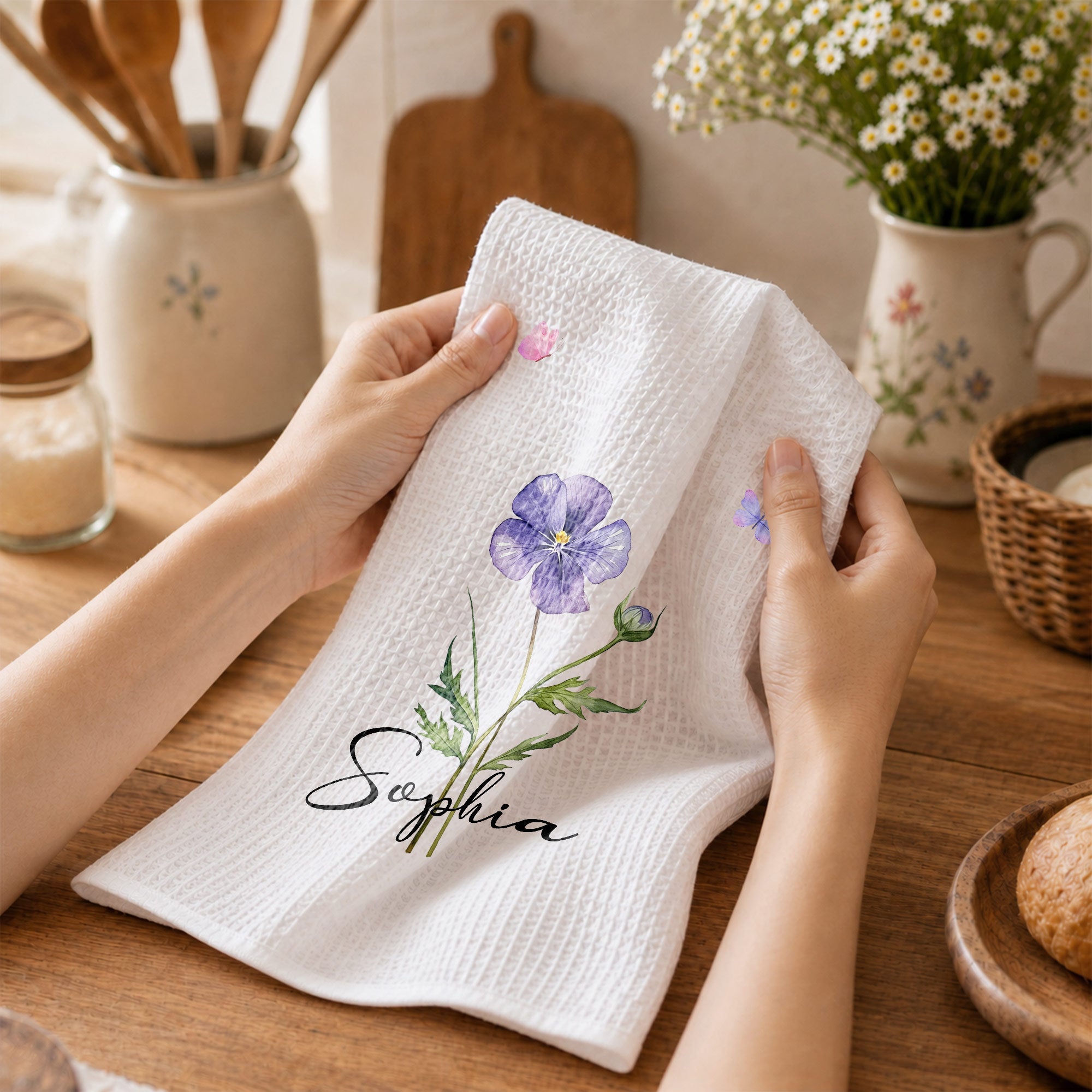 Personalized Birth Month Flower Kitchen Towel with Butterflies Gift for Mom, Bestie, or Daughter